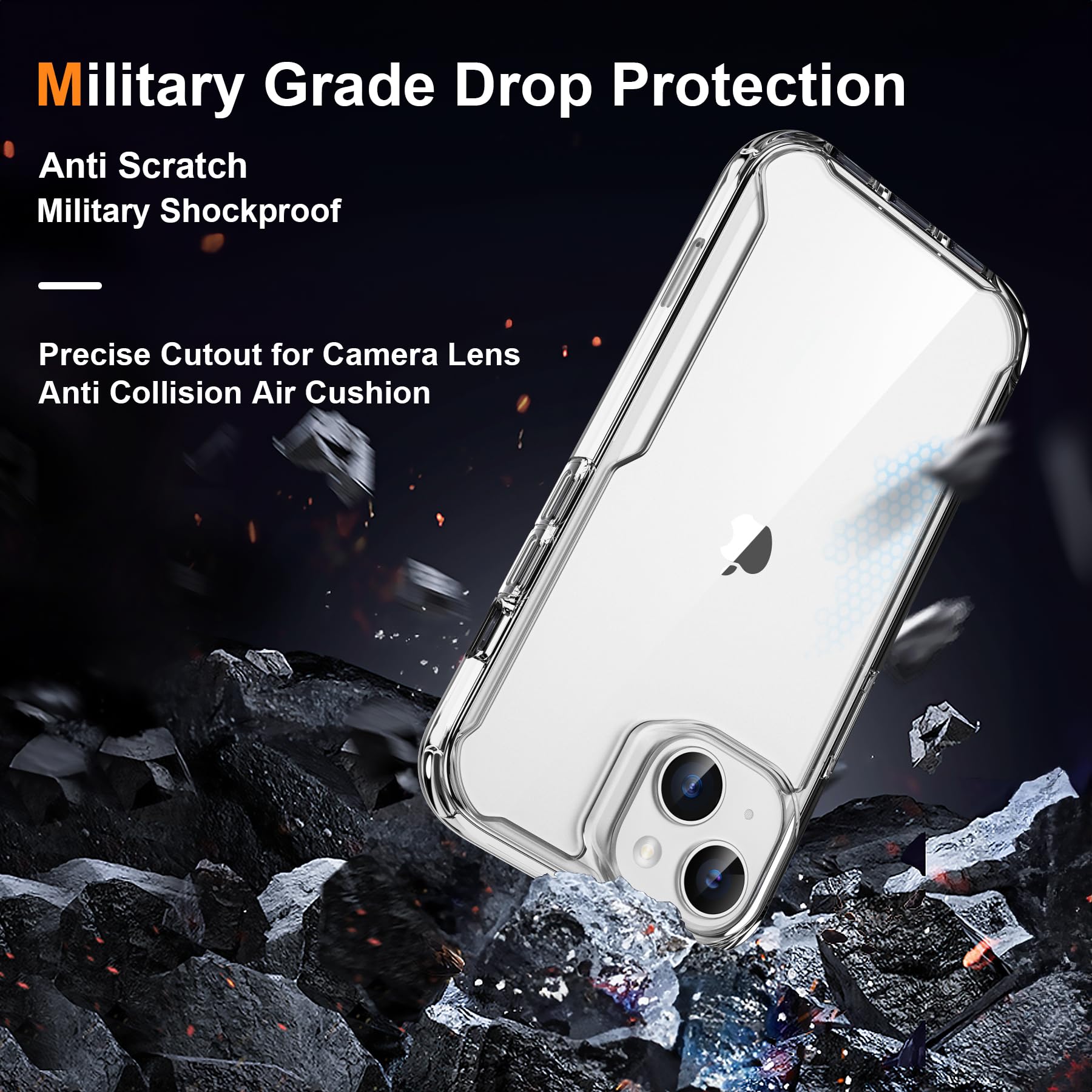ORETECH Cover per iPhone 15, Custodia iPhone 15(6.1 Pollici), 2 Pezzi Pellicola Protettiva in Vetro Temperato & 1 Pellicola Fotocamera Antiurto Ultra Sottile Hard PC Silicone Cover - Trasparente