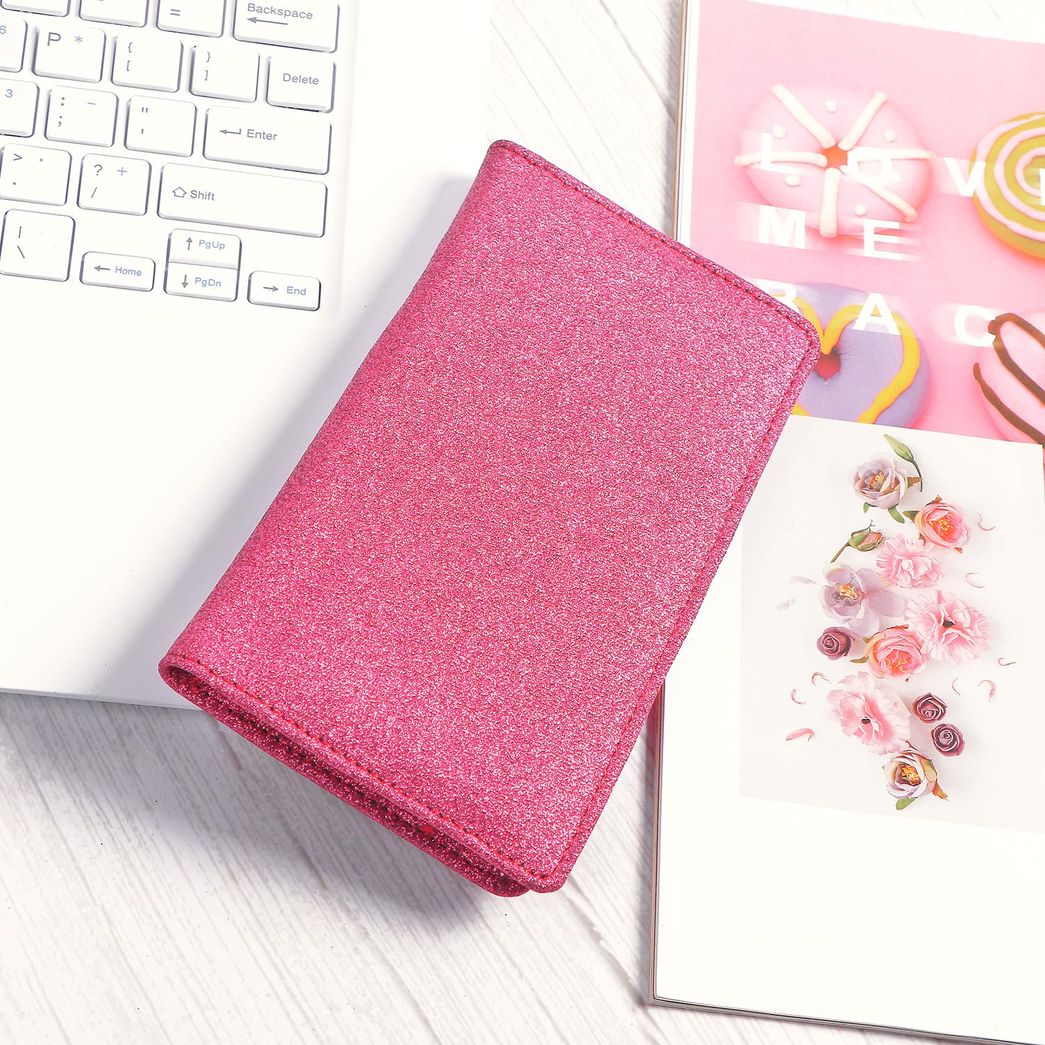 Sanlykate Glitter Checkbook Cover for Girl Women, RFID Blocking PU Leather Standard Register Check Book Case With Pen Inserts & Free Divider, Black: Rose Red Simple Style