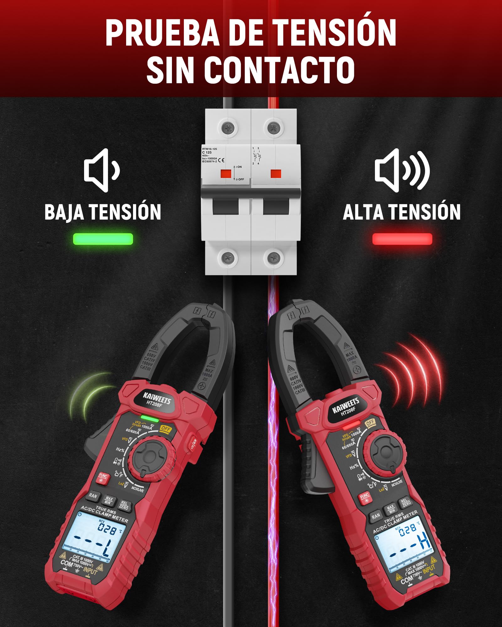 Pinza Amperimétrica KAIWEETS 1000A CA/CC, Pinza Amperimetrica De Conteo HT208F 6000, Modo Vfd y Loz, Pantalla Mejorada en Blanco y Negro, AC/DC, Resistencia, Capacitancia, Medición De Sobrecorriente
