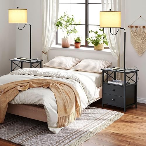Miniatura 8 de LOKHOM Mesa auxiliar de 59 pulgadas con lámpara, lámpara de pie con mesa adjunta con 2 cajones de madera maciza y puertos USB, 2 tomacorrientes,