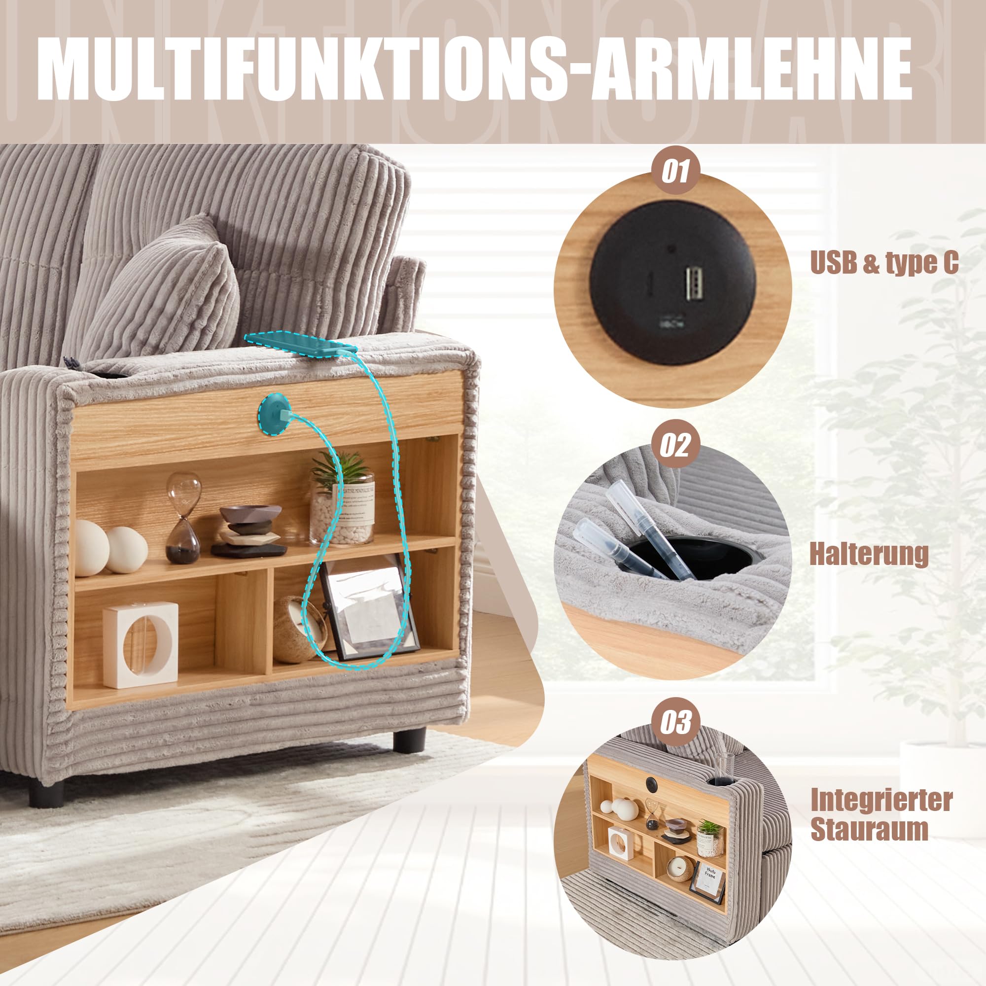Divano in Velluto a Coste con Contenitore e Letto estraibile, Divano Letto con Porta USB-C e LED, Portabicchieri e Ampi braccioli, Sofa Soggiorni, Divano a 3 Posti, letto Matrimoniale,Grigio chiaro