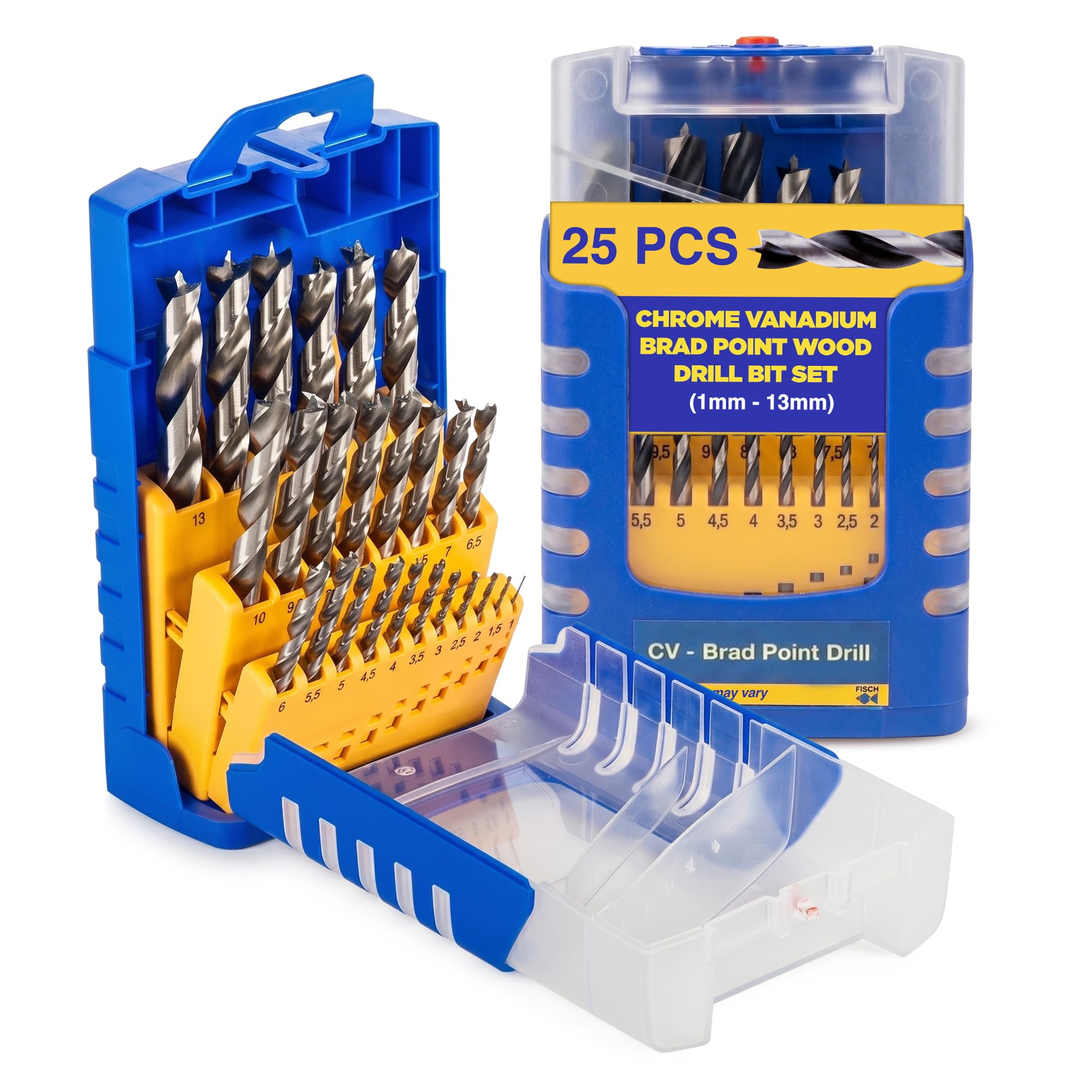 Fisch Brad Point Drill Bit Set, 25-Piece Chrome Vanadium Wood