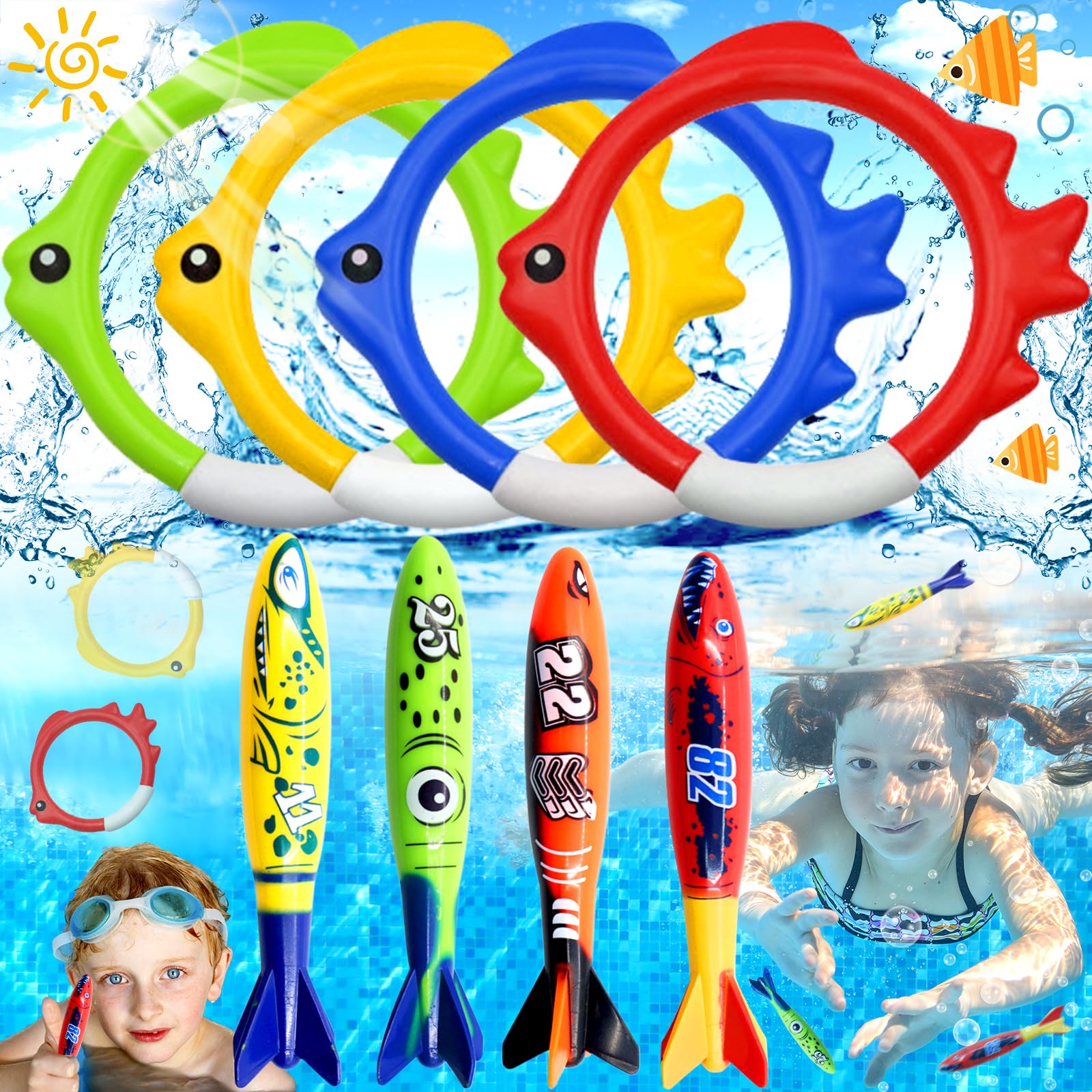 truee 8 Piezas Juguetes De Entrenamiento De Torpedos, Anillo De Buceo, Juguetes para la Piscina, Palo De Buceo De Tiburones, Juguetes De Buceo para Niños, Adecuado para Playas y Piscinas De Verano