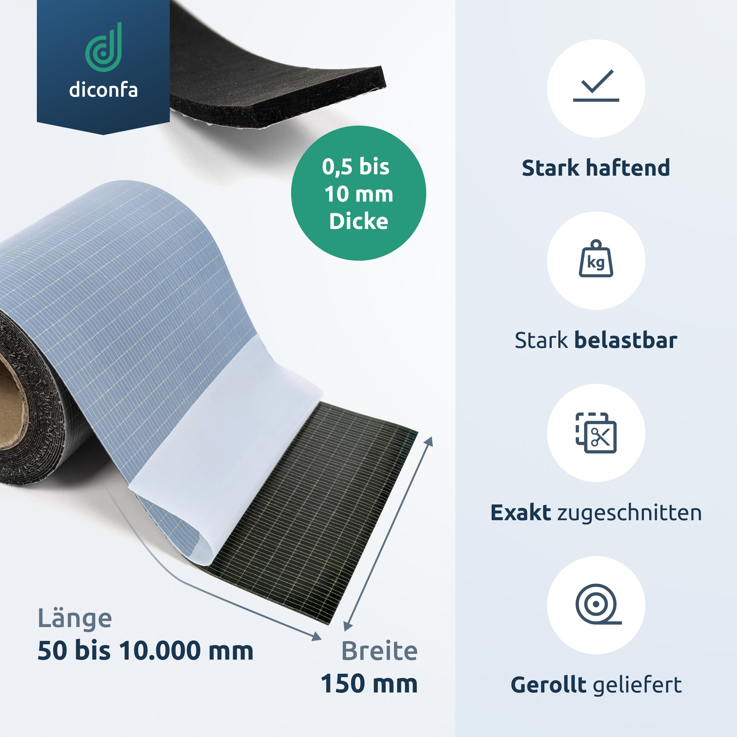 diconfa Gummistreifen SBR SELBSTKLEBEND 150mm 15cm breit - WÄHLBAR - Dicke: 0,5mm bis 10mm - LÄNGE: 0,05 bis 10m ==> 6000mm (600cm) lang, 2mm dick - Gummimatte Meterware stark haftend universal