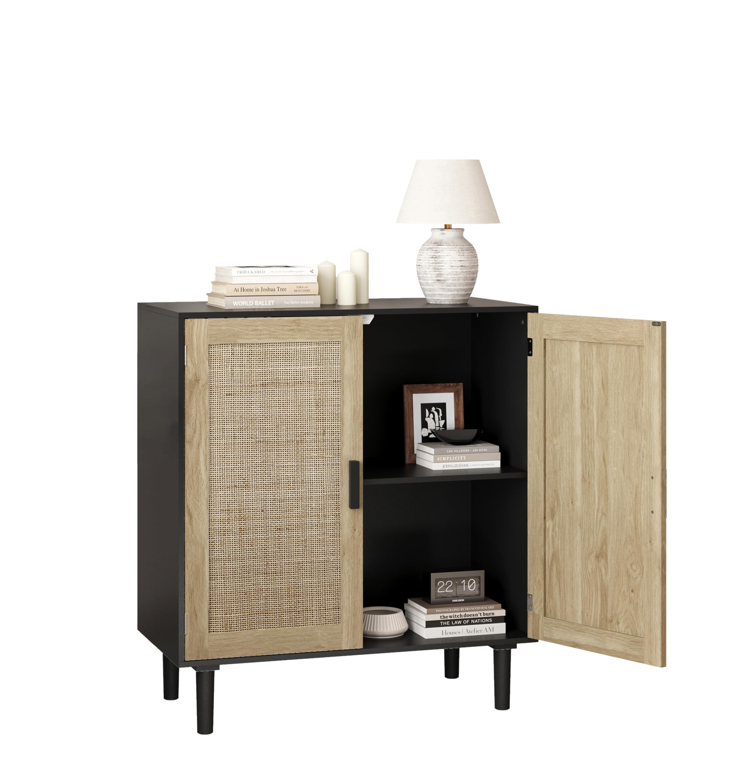 Sideboard Rattan, 2 Türen, Magnetverschluss, Kippschutz, schwarz, stabil | Kommode aus MDF mit Rattan-Fronten, Massivholzgriffen und viel Stauraum, für Wohnzimmer, Esszimmer und Diele