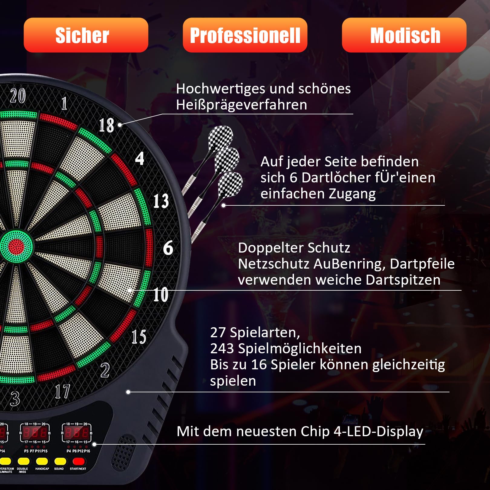 Elektronische Dartscheibe für 1-16 Spieler, E-Dartboards Dartautomat mit 4 LCD-Anzeige und 6 Darts und 24 Pfeilkopf 27 Spiele mit 243 Spieloptionen Profi Elektronik Dartspiel