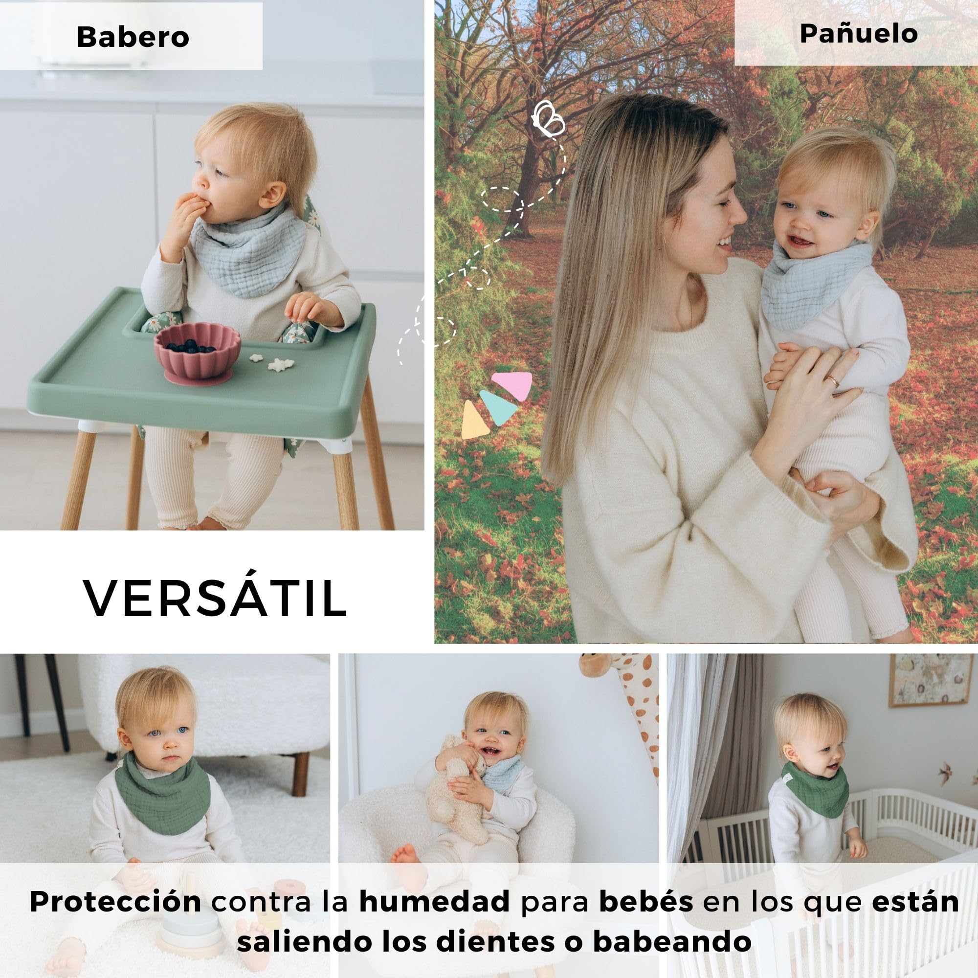 Baberos Bebe Recien Nacido (muy suave) muselina algodón orgánico ecologico GOTS + OEKO Tex 100 | absorbente y transpirable | Babero Bandana Bebe triangulares elegantes, bebe accesorios