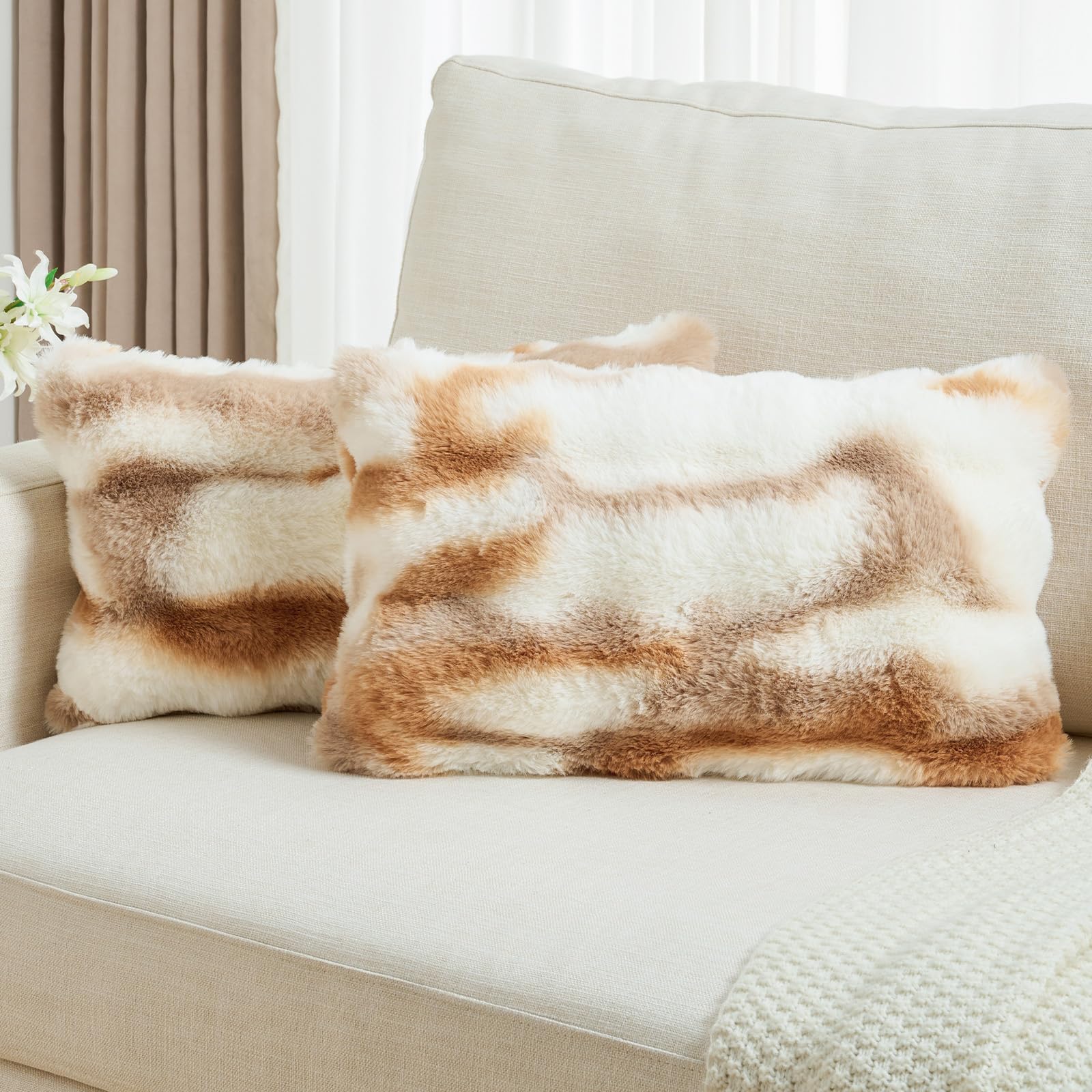 FUTEI Set of 2 Fluffy Faux Rabbit Fur Cushion Covers 30 x 50 cm,Brown White