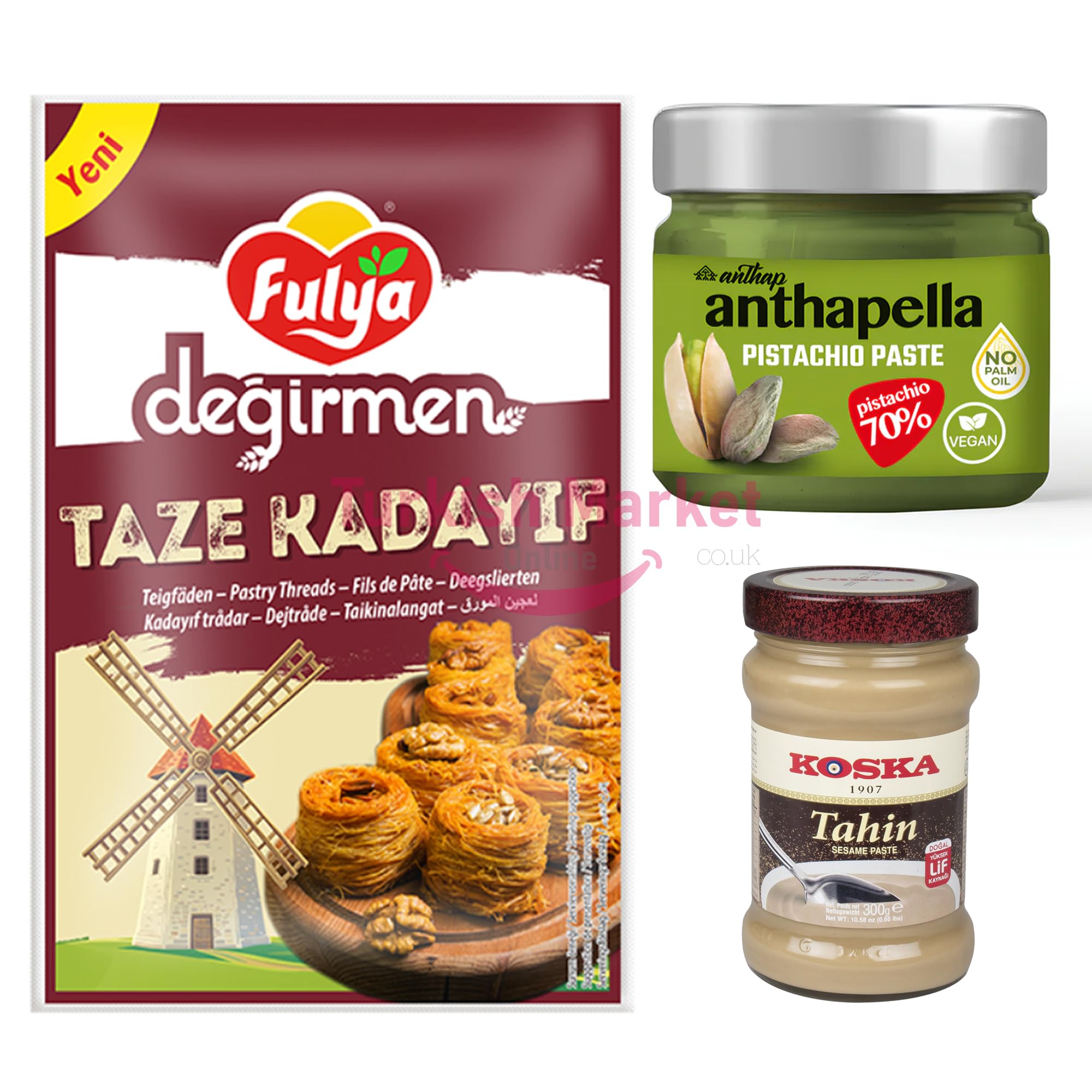 – The Best Match Dubai Chocolate Making Kit - 1x Yayla Fresh Kadayif 400 G - 1x Anthap Antep Pistachio Paste Cream 200 G - 1x Koska Tahini 300 G Premium Kataifi Original Pastry Threads by TOM UK