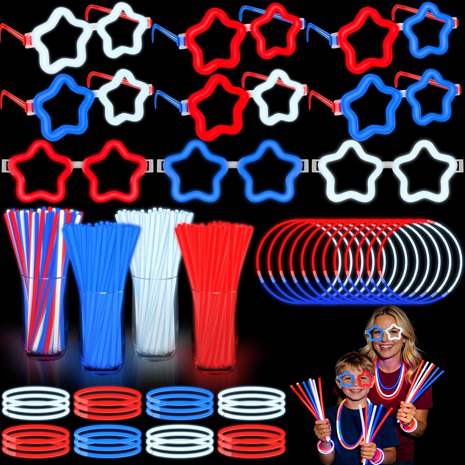 View 1 of 126 PCS 4th of July Glow Sticks Bracelets Necklaces with Connectors, 6 Red White Blue Glasses Glow in The Dark Party Supplies, Light Up Party Favors for Kids Adults, 250th Anniversary USA Accessories