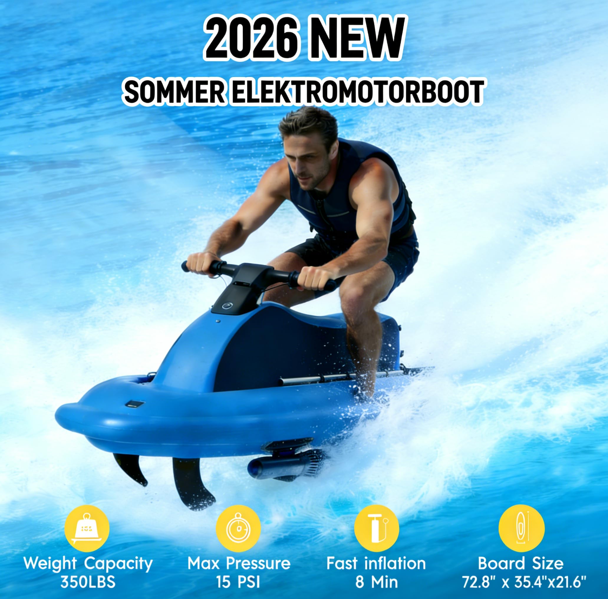 Jet Boat gonflable avec moteur électrique de 500 W et batterie de 10 000 mAh, poignée à 360 ° pour activités de plongée en mer et de natation