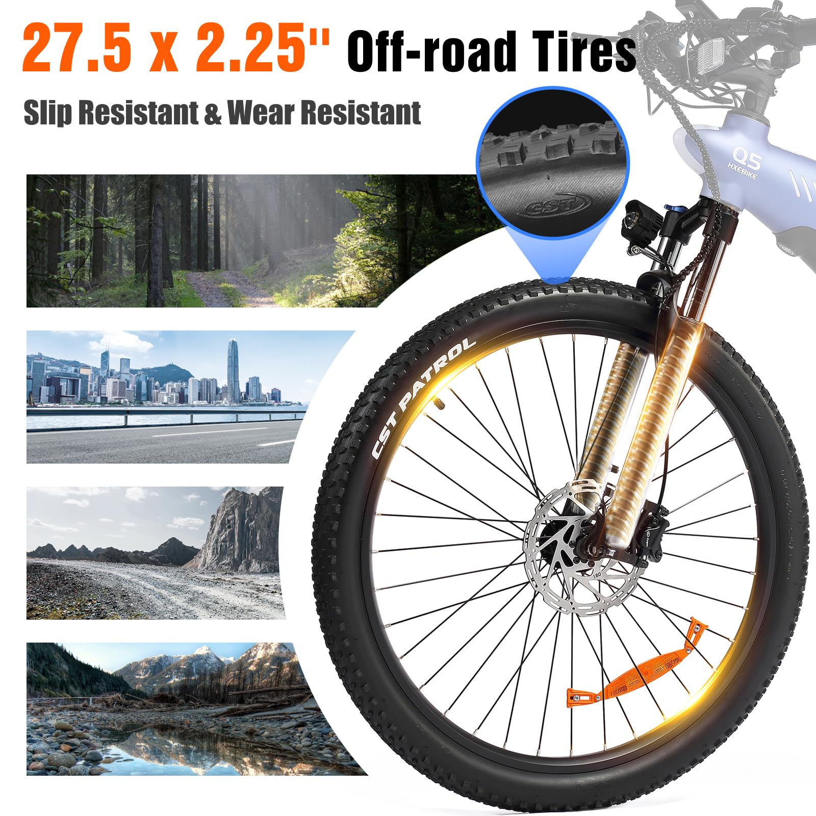 HX Q5 Shark Bicicleta Eléctrica Montaña para Adultos con Carga rápida 48V 15AH Batería Extraíble,27.5"x2.25" Tyre EBike con luz RGB,SHIMAN0 9 velocidades,Frenos de DIS hidráulicos y Alcance 70-80KM