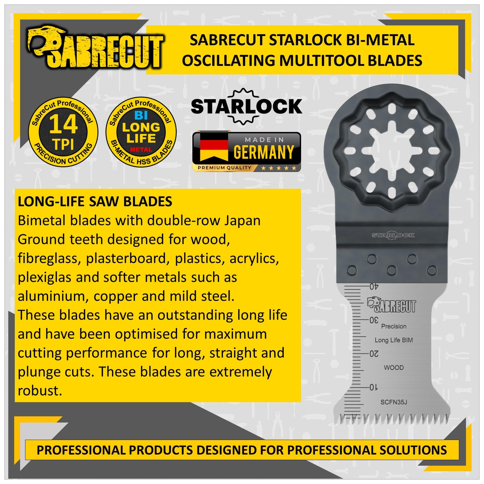 SabreCut 5pcs SCFN35J_5 35mm x 40mm 14 TPI Grueso Diente Hojas multitool | Compatible con Bosch, Fein (Non-StarLock), hojas gruesas para cortes rápidos