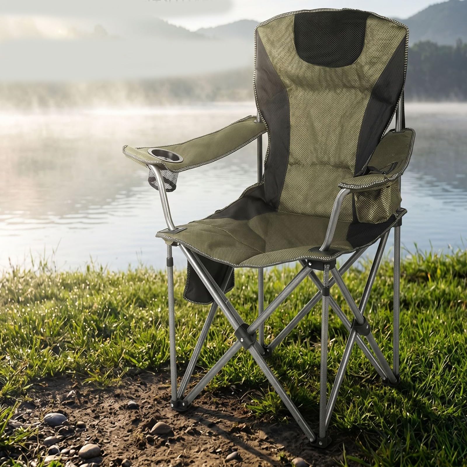 Chaise de Camping Pliable Surdimensionnée Portable avec Porte Gobelets et Accoudoirs Cadre Stable pour Extérieur Intérieur Camping Pêche Couleur Noir Gris B