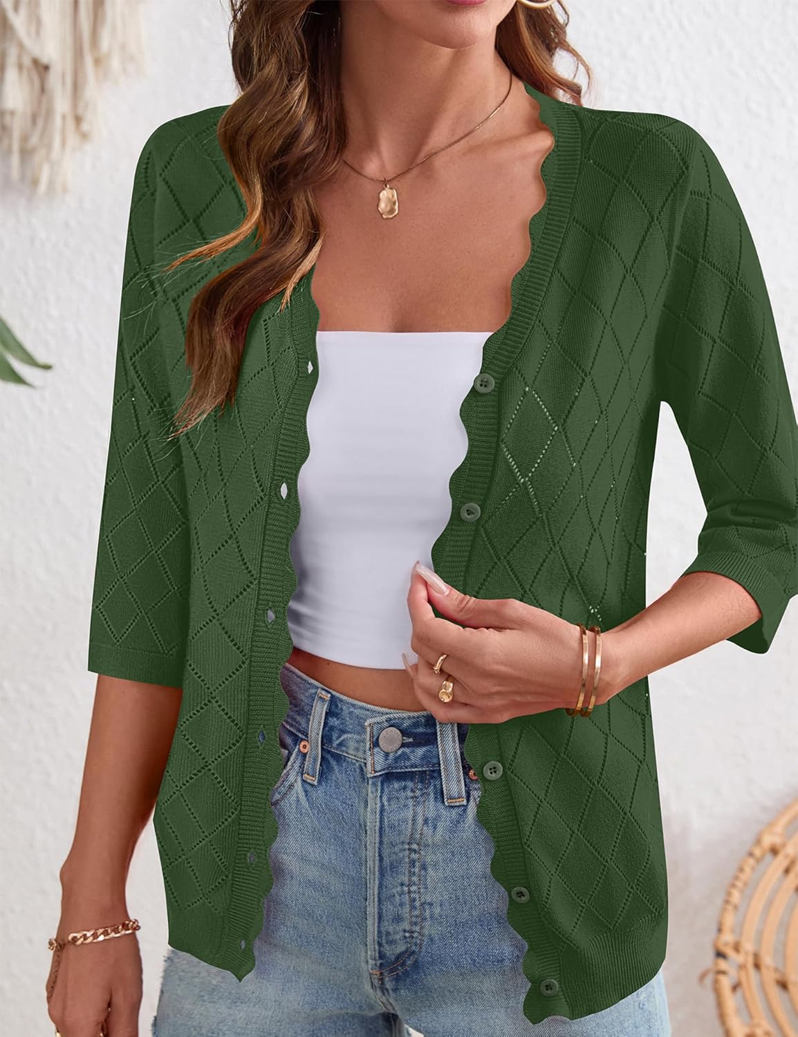 Rapbin Cardigans for Women Lightweight 3/4 Sleeve Crochet Textured Shrug for Dresses Open Front V Neck Button Down Top - Image 2