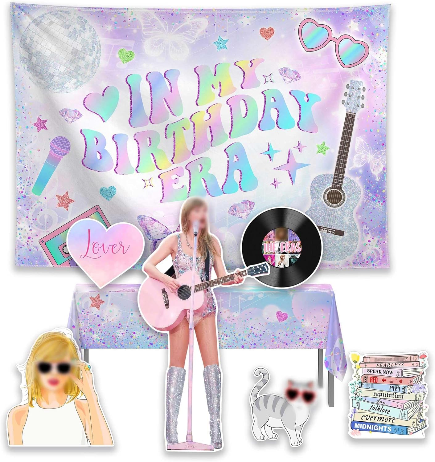 Allenjoy Era Theme In My Birthday Party Supplies Backdrop for Girl Disco Music Star Birthday Banner Photography Background Photo Shoot Booth Props ,6pcs Foam Board Cutouts,1pc Tablecloth,1pc Backdrop
