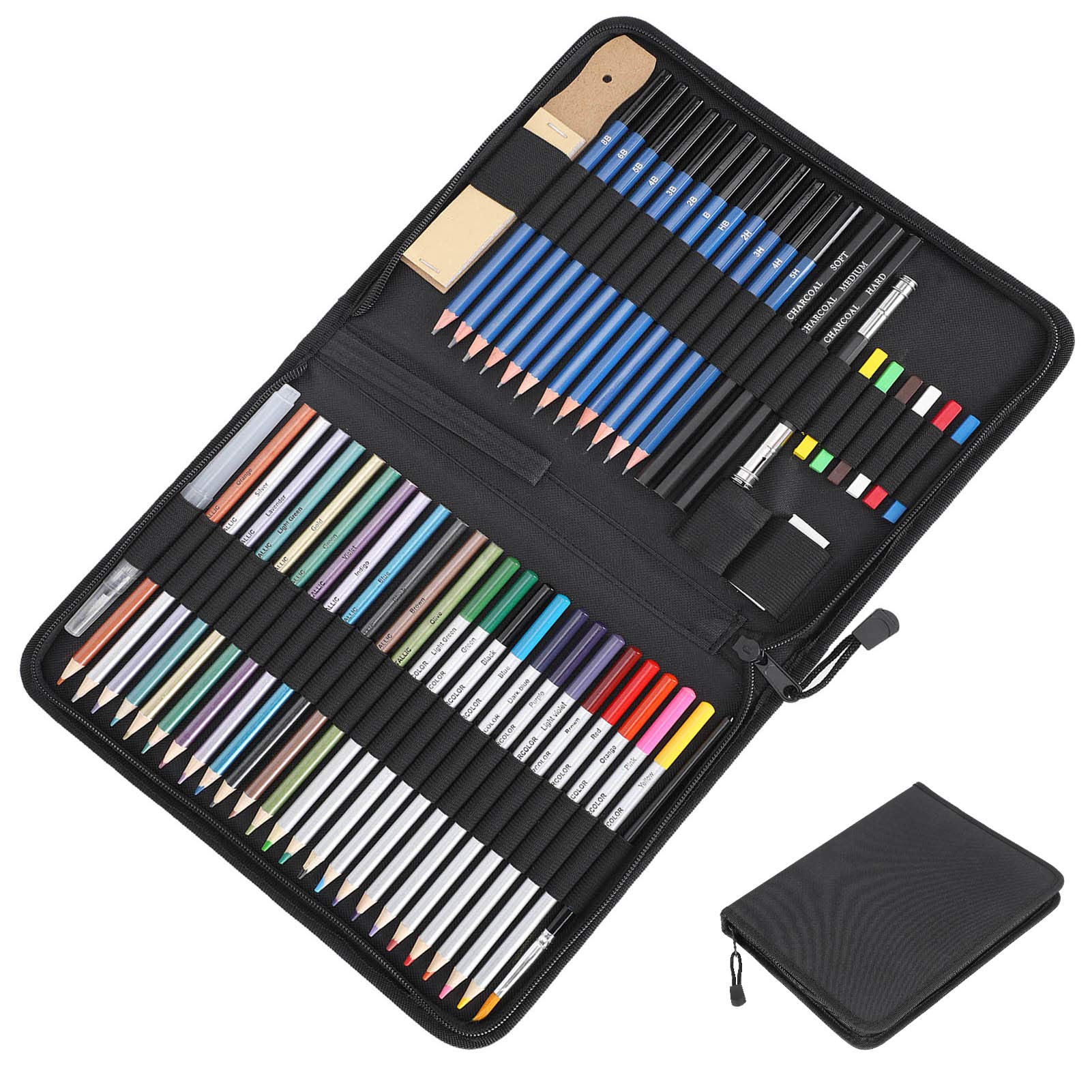 Ensemble de crayons de couleur professionnels, crayons de croquis aquarelle, kit de dessin artistique de 72 pièces avec crayons métalliques, pinceau et sac en nylon portable pour