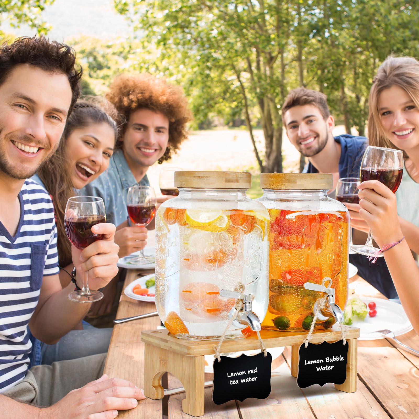 Lot de 2 distributeurs de boisson, 4 l, avec support, en verre avec robinet en acier inoxydable massif, pour jus glacé, eau, boissons maison, fêtes, mariages