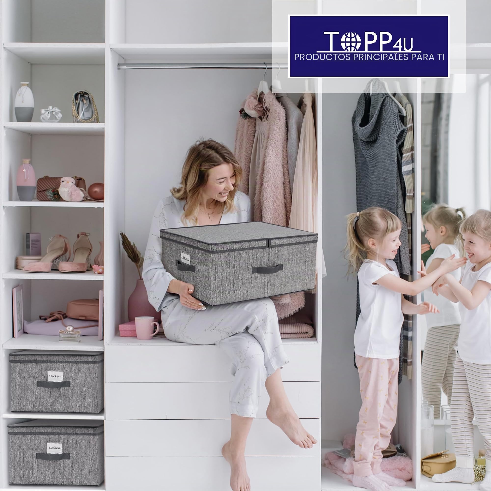 TOPP4u Gran caja de almacenamiento con tapa, 2 x – 40 x 50 x 25 cm – 50 l – caja plegable extra grande para armario y estantería – gris beige – juego de 2 piezas