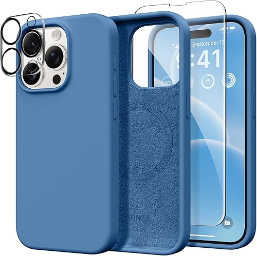 Miniatura 74 de GONEZ Funda de silicona para iPhone 14 Pro Max, compatible con MagSafe, con protector de pantalla + protector de lente de cámara, silicona líquida a