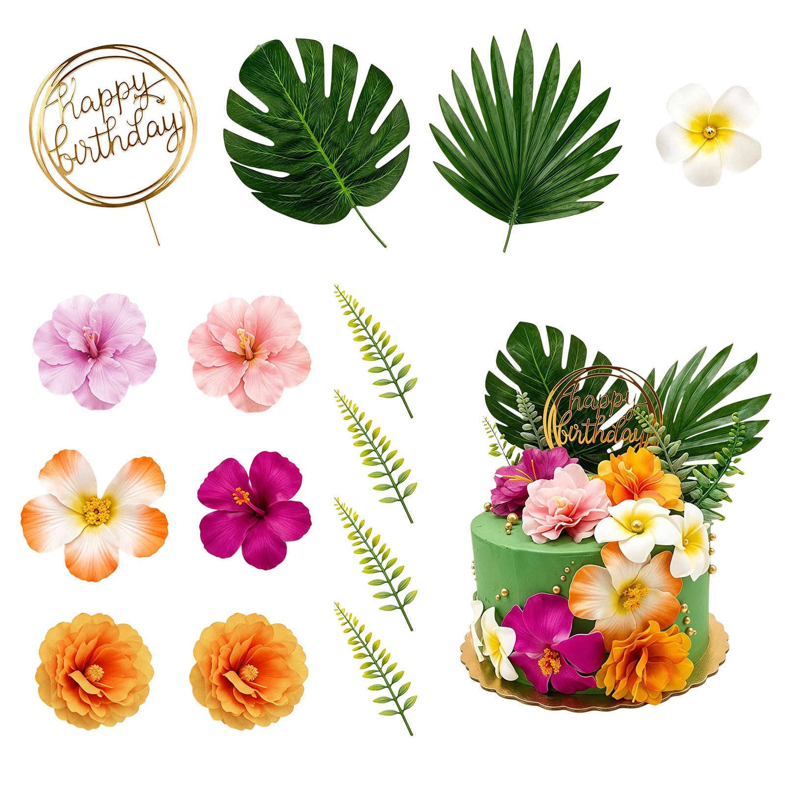 Glamoreal 18Pcs Hawaiian Flower Cake Decorations – Tropical Luau Cake Toppers with Hibiscus and Palm Leaves, Summer Cupcake Toppers – Non-Edible Aloha Beach Party Decor