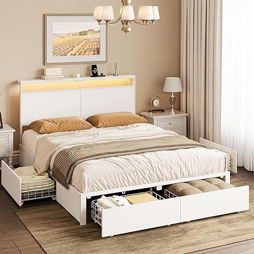 Miniatura 13 de HAUSOURCE Bastidor de cama Queen con 4 cajones de almacenamiento, base de cama con plataforma metálica tamaño Queen con cabecera, estación de carga,