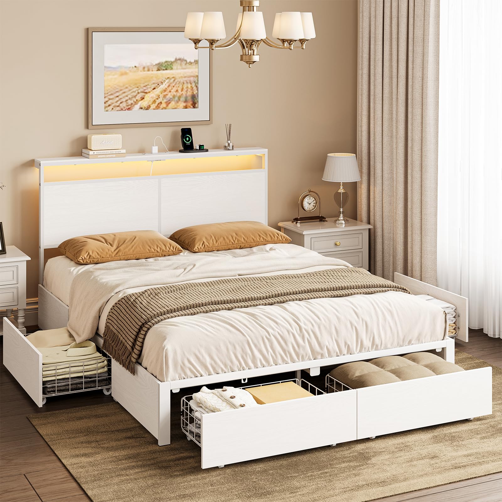 HAUSOURCE King Bed Frame with 4 Storage Drawers Bed Frame King Size with Headboard LED Lights Charging Station