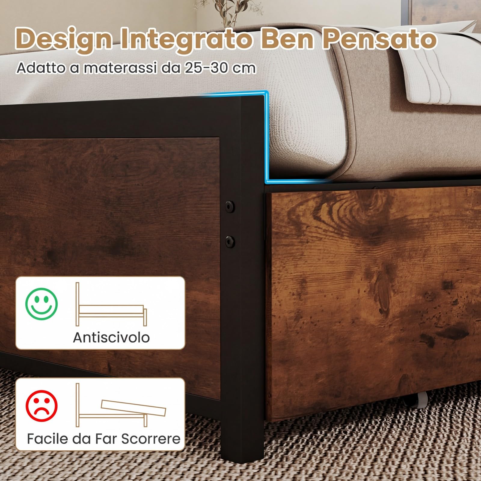 COSTWAY Struttura Letto con Testiera, Letto con 4 Cassetti e Doghe Robuste in Metallo, Letto a Piattaforma con Prese, Silenzioso, Carico Massimo 300kg (160 x 200 cm)