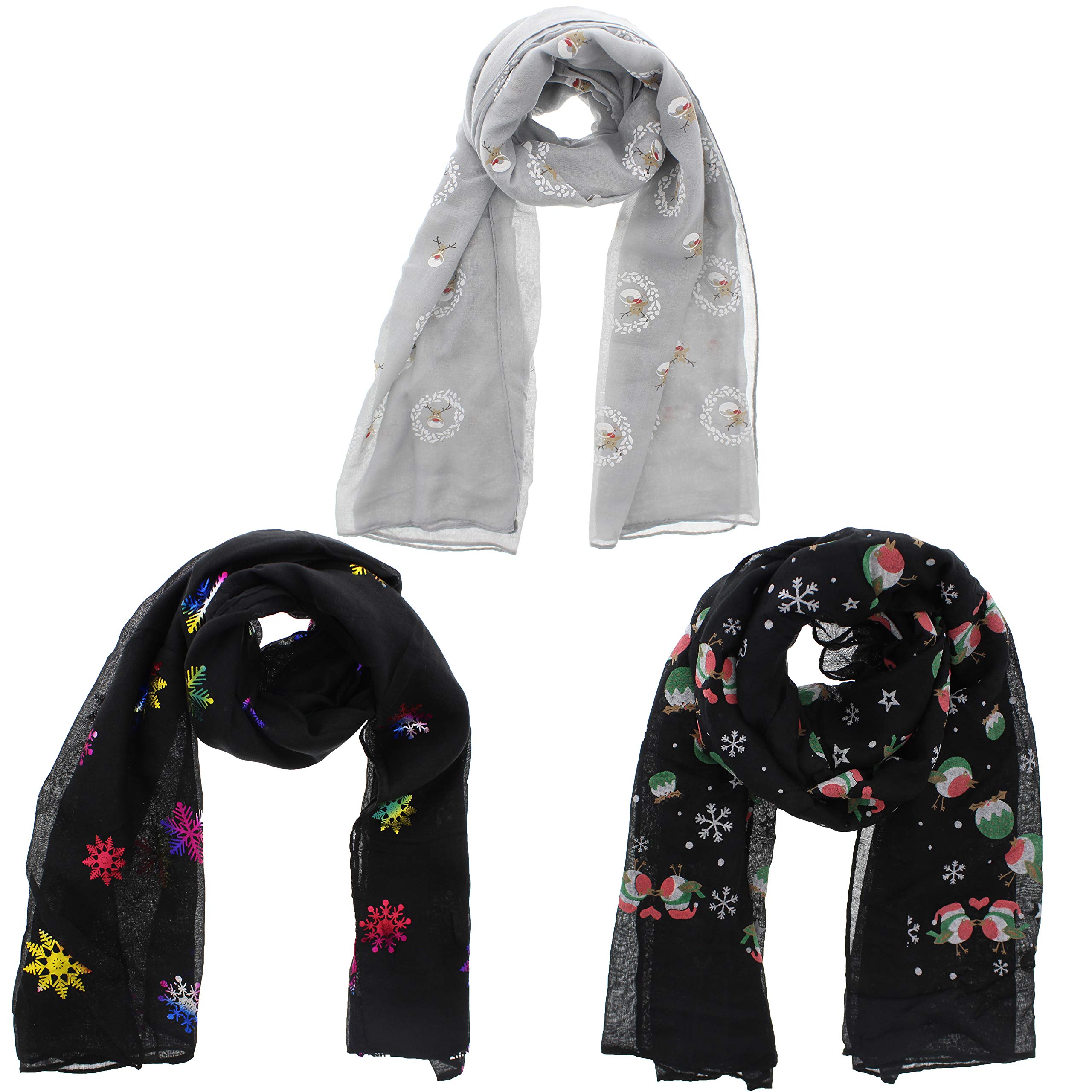 Zac's Alter Ego Women's Multicoloured Set Of 3 Lightweight Assorted Colour Christmas Rainbow Foil Snowflakes/Reindeer & Robin, Stars & Snowflakes Festive Print Scarves