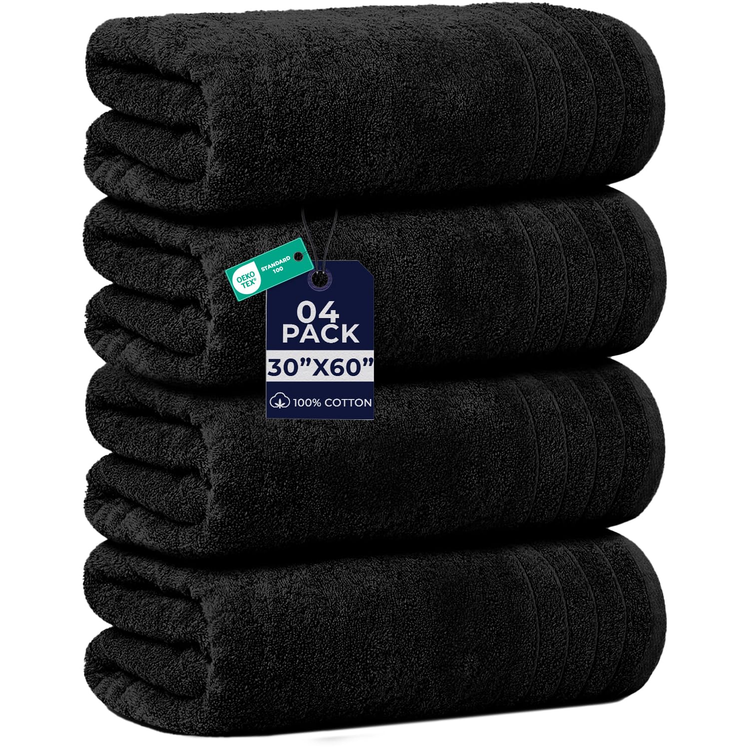 DAN RIVER Extra Large Bath Towels Set of 4, 30 x 60 Inches, Black
