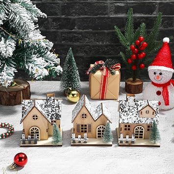 FRCOLOR 3 Pcs Wooden Christmas Village Houses Set with Warm Led Lights Miniature Lighted Christmas Houses for Holiday Table Centerpieces and Home Decor