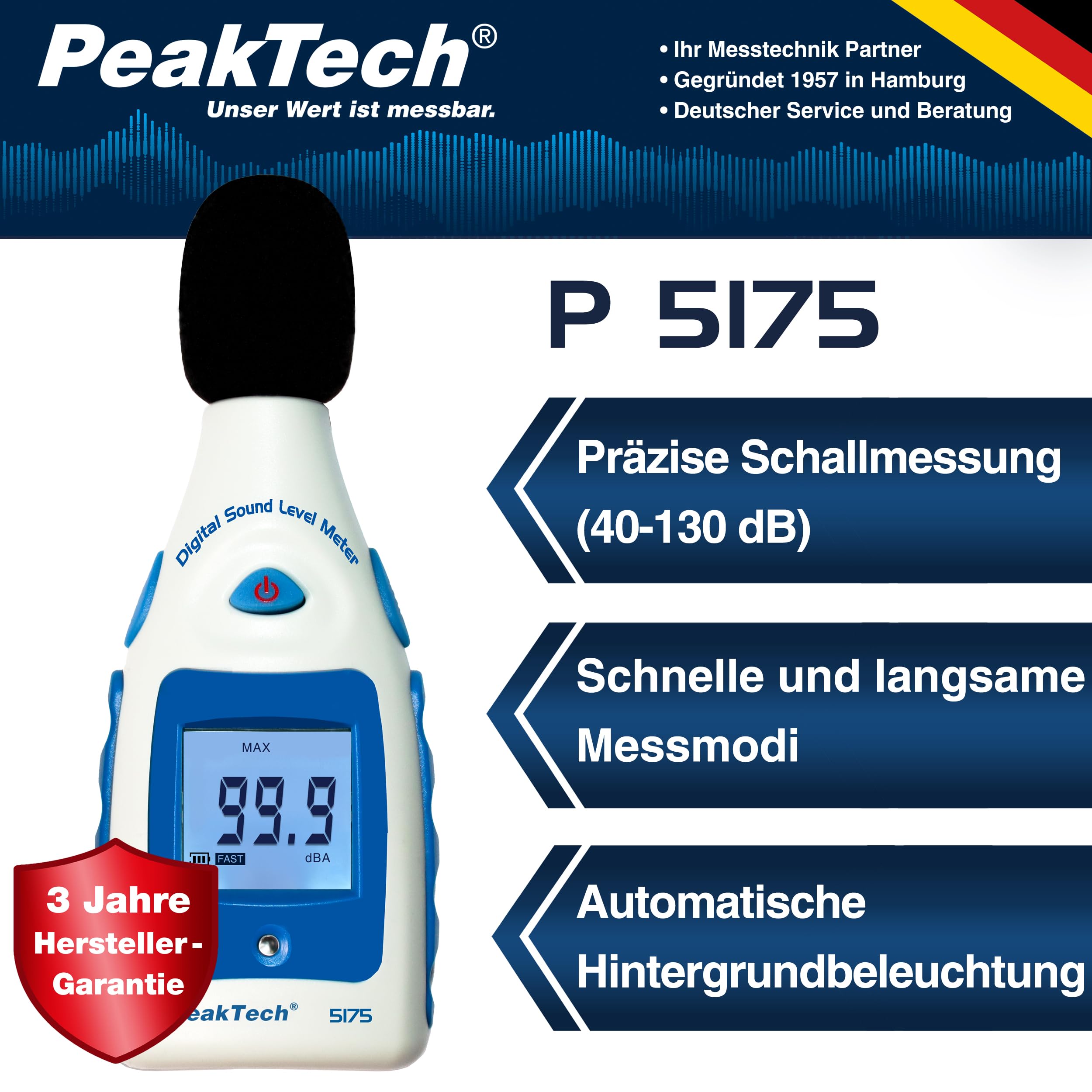 PeakTech P 5175 - Miernik poziomu dźwięku ~ 40 ... 130 dB A