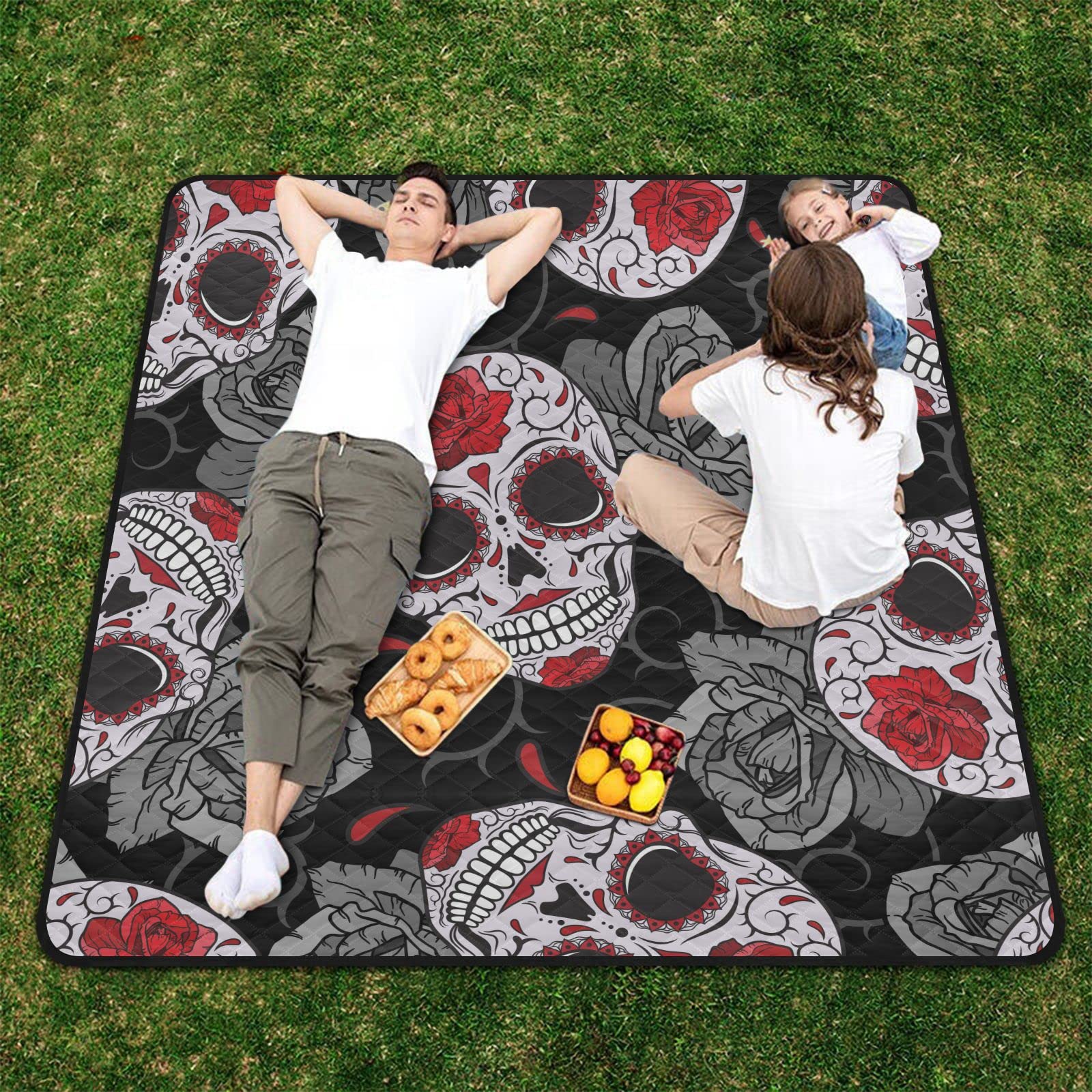 Sanddichte Campingdecke Rasendecke mit Stauraum für Picknick Gothic Totenkopf Rosen