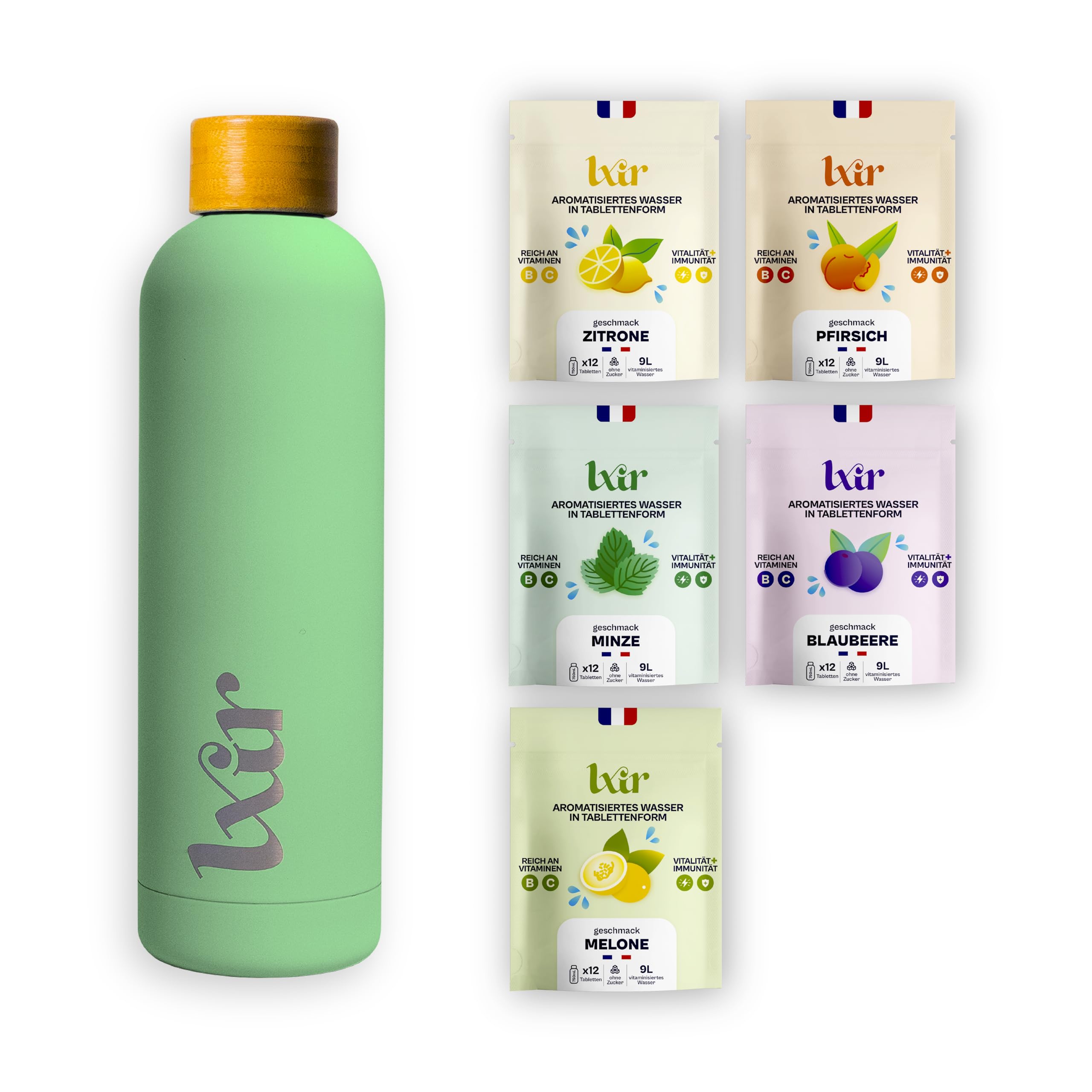 LXIR DRINK Multivitamin-Brausetabletten – Zuckerfrei, 5 Geschmacksrichtungen, mit Vitamin C & B-Komplex – Für tägliche Hydration, Energie & Haut-Schönheit – 60 Tabletten + Trinkflasche