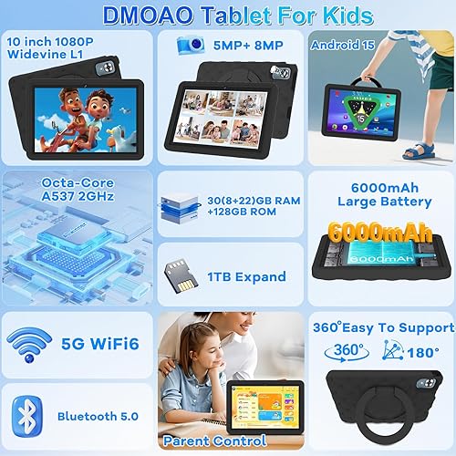 Miniatura 2 de DMOAO Tablet infantil de 10.1 pulgadas Android 15-30GB RAM+64GB ROM (1TB expandible), Octa-Core 2.0GHz, pantalla de luz anti-azul, 6000mAh, WiFi 6,