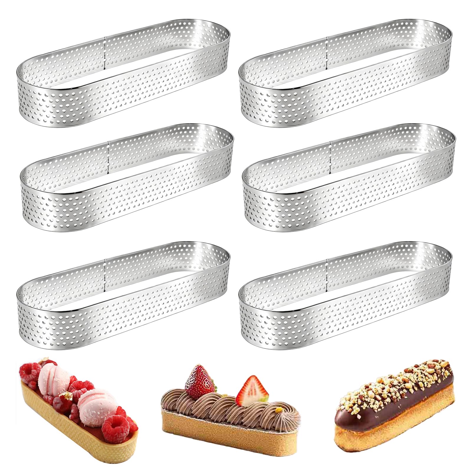 Cerchio per torta anello per torta di pasticceria, set di 6 stampi in acciaio inossidabile a forma ovale, resistenti al calore, perforati per torte in schiuma