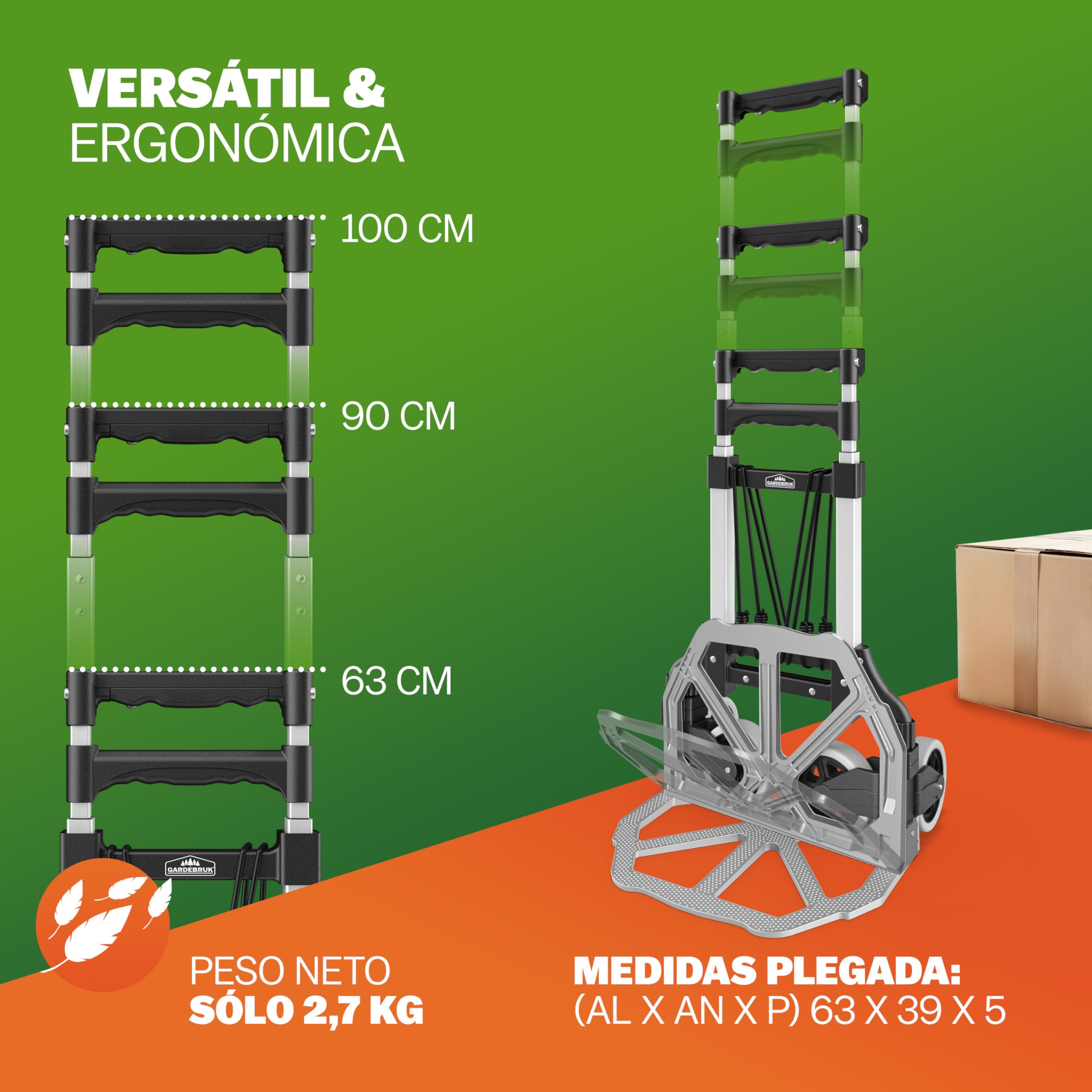 GARDEBRUK® Carretilla Plegable Aluminio 80Kg Carro Transporte Mudanzas Altura Regulable Ruedas Goma Maciza Resistente Incl. Guantes y Cuerdas Elásticas