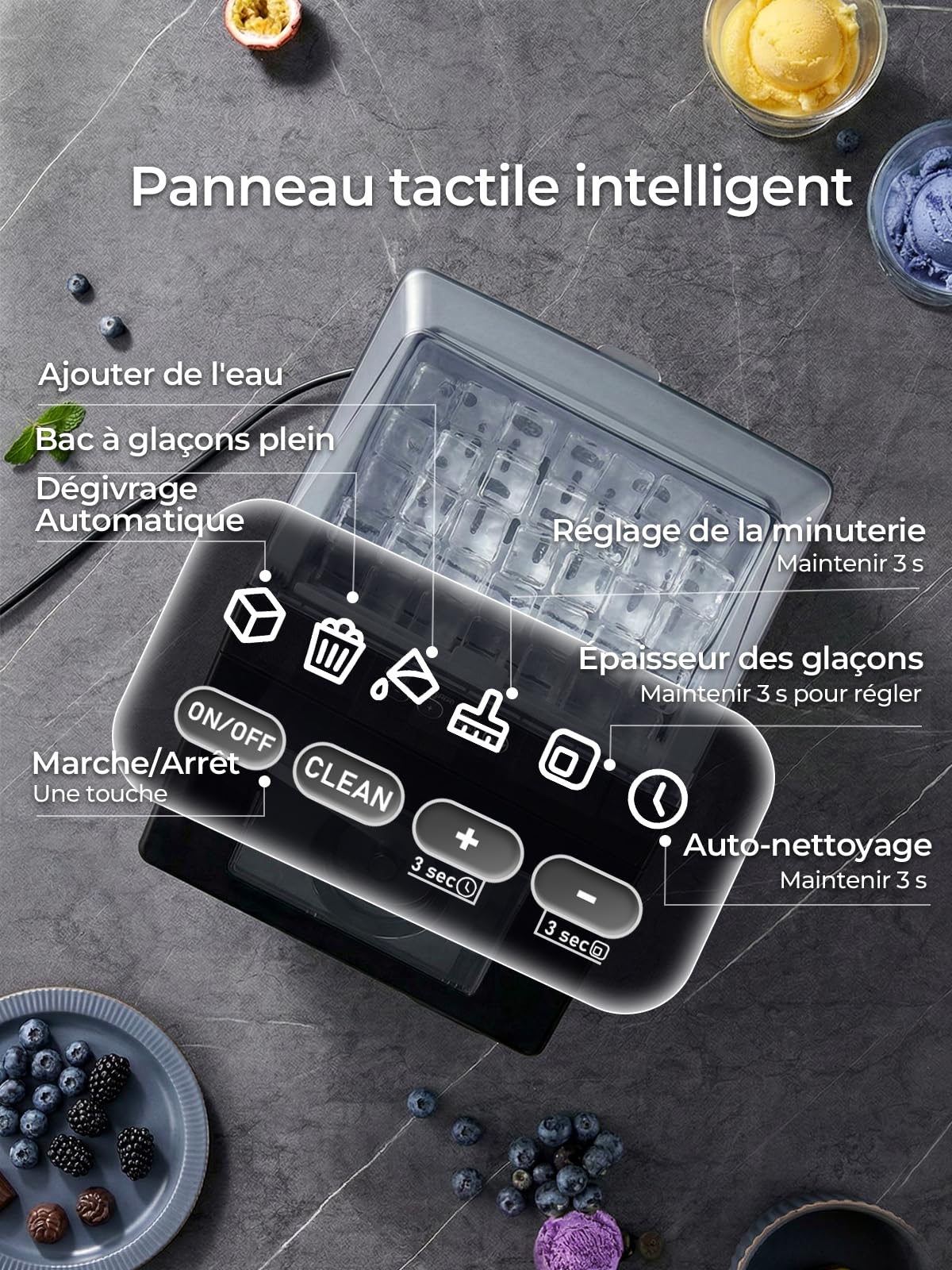 FOHERE Machine à Glaçons en Acier Inoxydable, 24kg/24h, 24 Glaçons en 10-15 Min, Réservoir 3,2L avec Minuterie, Auto-Nettoyage & Dégivrage, Double Alimentation en Eau, 40 dB, Bar & Gastronomie
