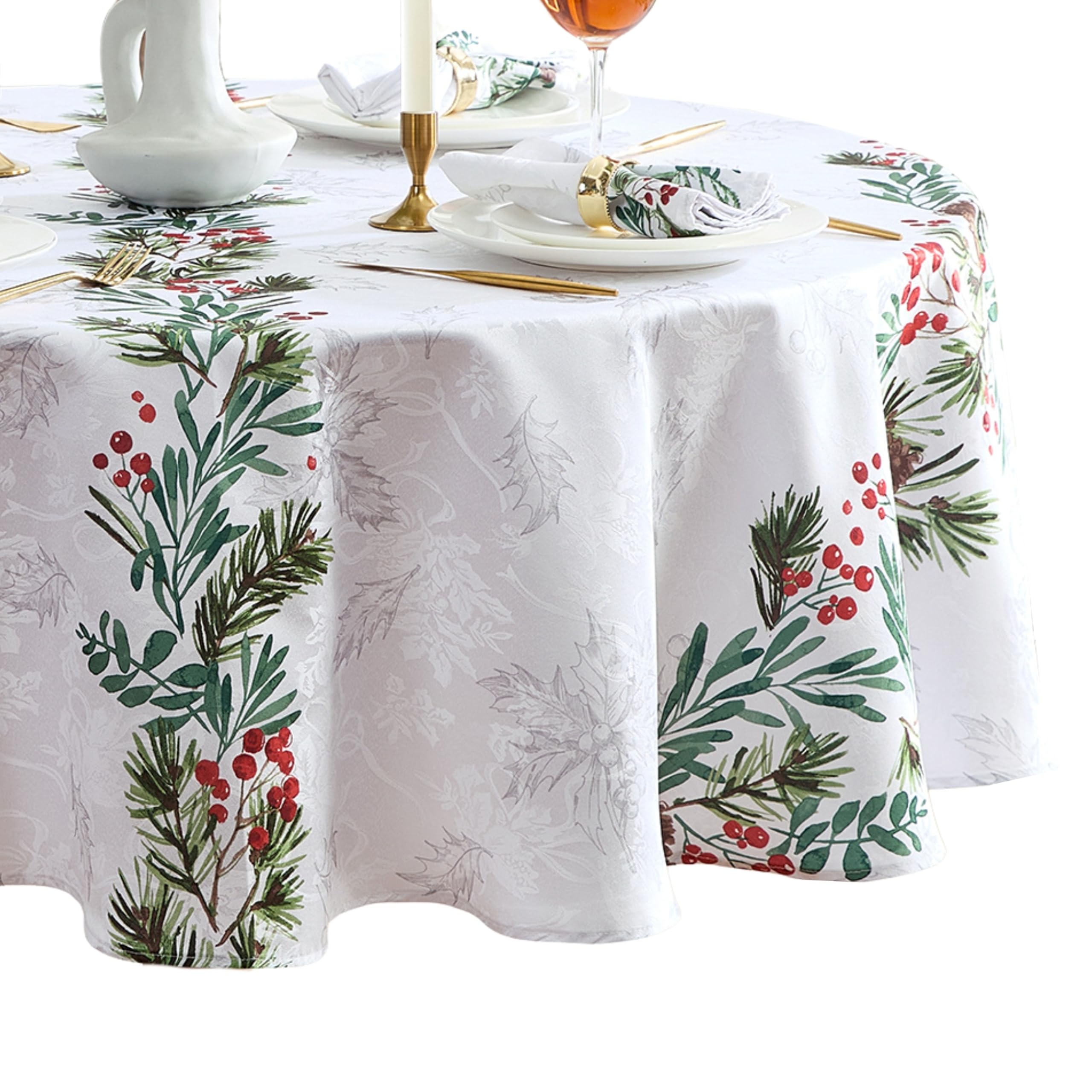 Elrene Holly Berry Flourish Home Fashions Holiday/Christmas Wrinkle Resistant Fabric Round Dining Tablecloth, 70"X70"