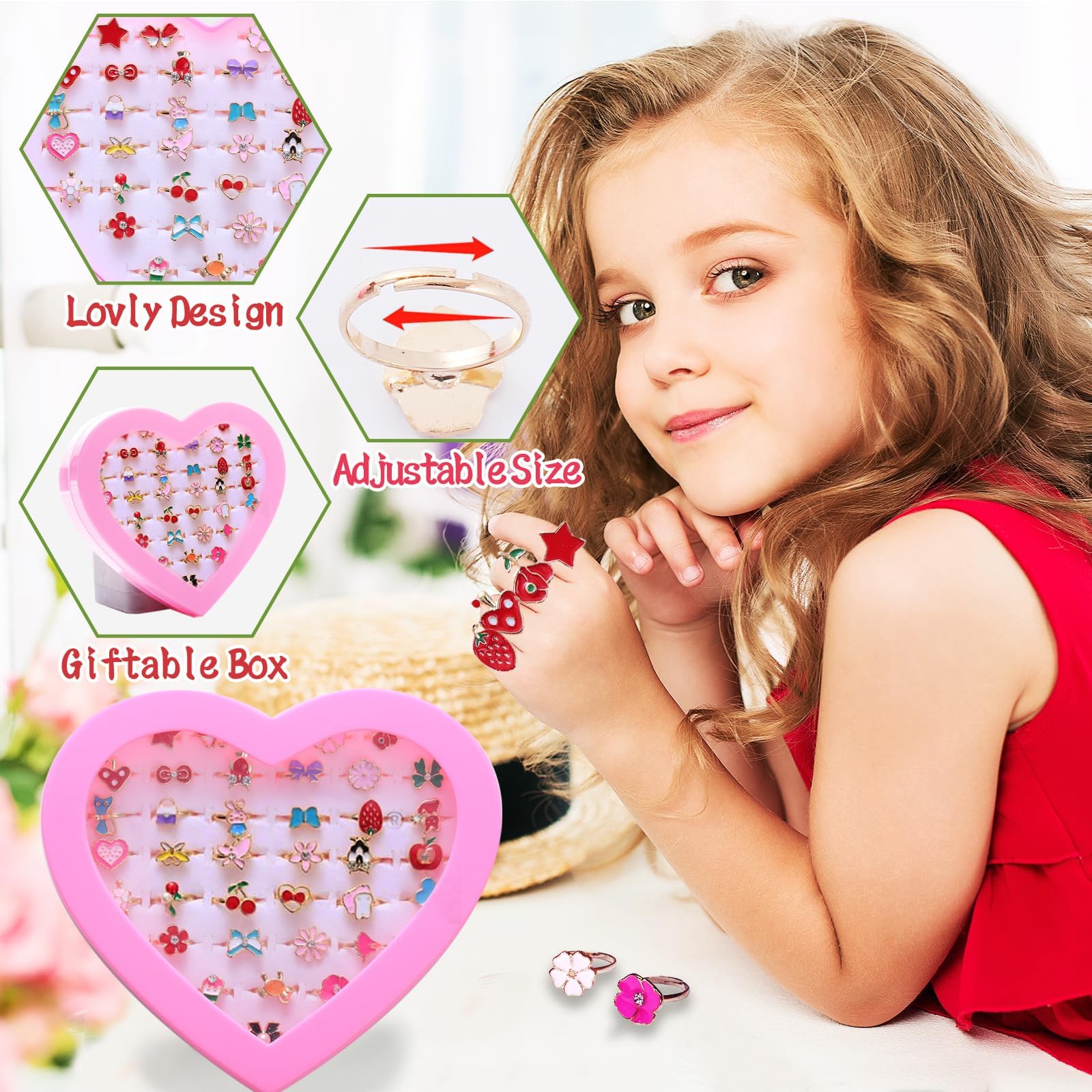 Bague Enfant 36 PCS Réglables Pour Fille Avec Boîte de Coeur Rose, Bijoux Pour Petite Fille (Style Aléatoire)