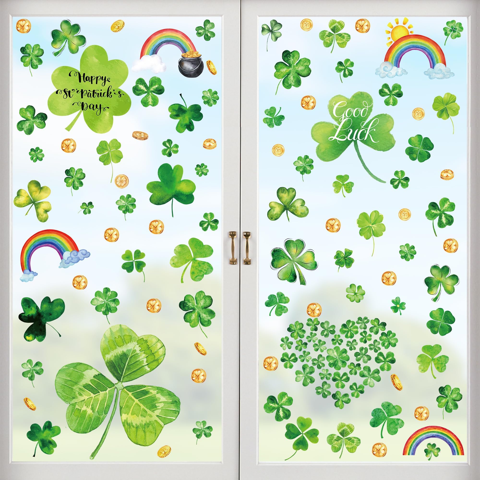 9 Sheets St Patrick's Day Window Clings, 217 PCS Green St Patricks Day Shamrock Window Stickers with Coins Rainbow, Double Sided Static Window Clings for Glass Windows St Patricks Day Decorations