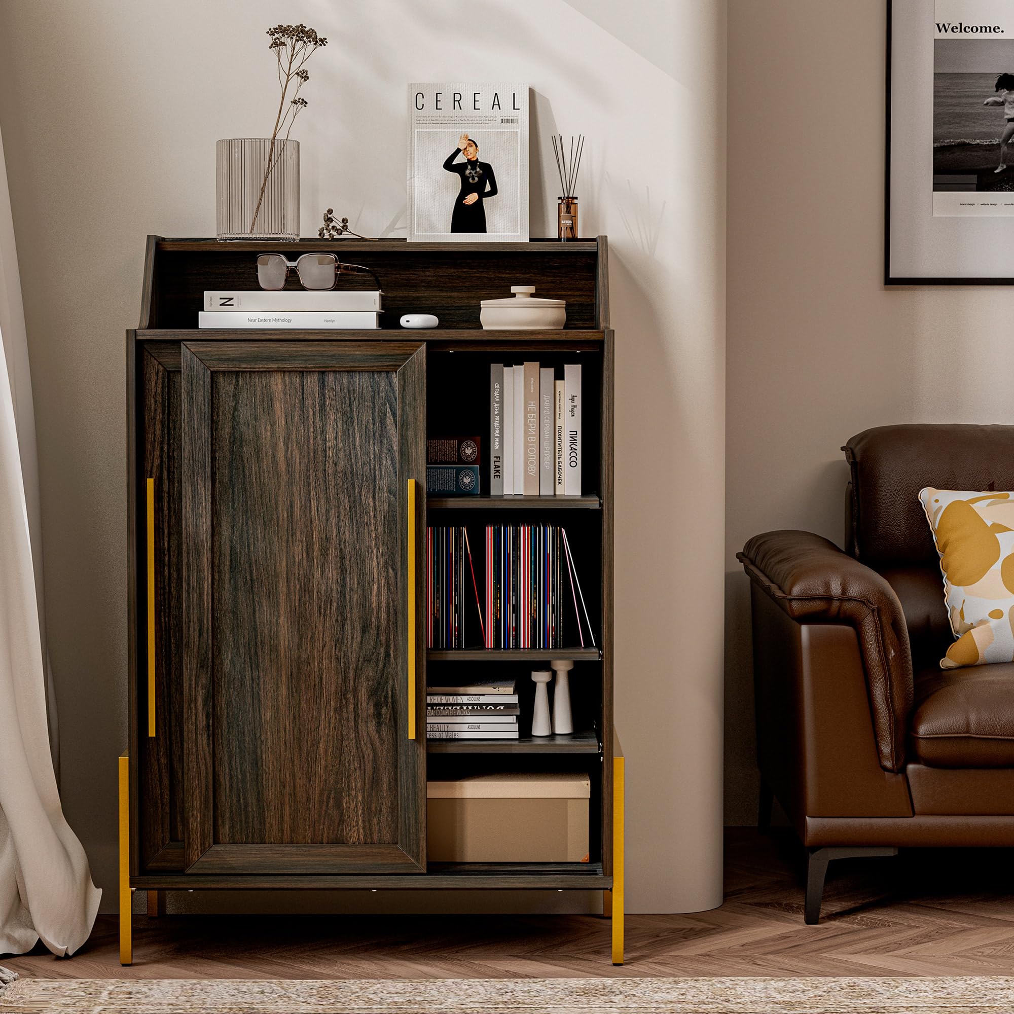 BELLEZE Storage Cabinet, Buffet Sideboard with Sliding Doors and Adjustable Shelf, Shoe Rack for Entryway, Sideboard Cabinet Accent Cabinet for Living