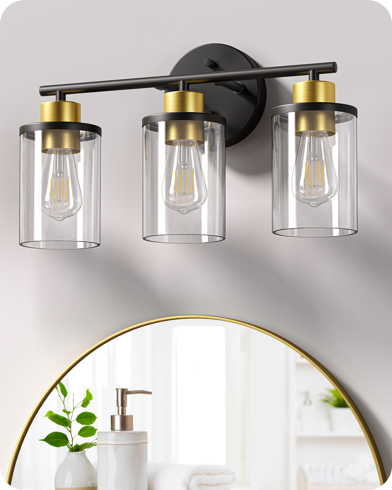 EDISHINE Bathroom Light Fixtures, 3-Light Bathroom Vanity Lights Over Mirror, Modern Bath Wall Sconce Lamp with Clear Glass Shade for Powder Room, Vanity Table, Mirror, Kitchen Black and Gold