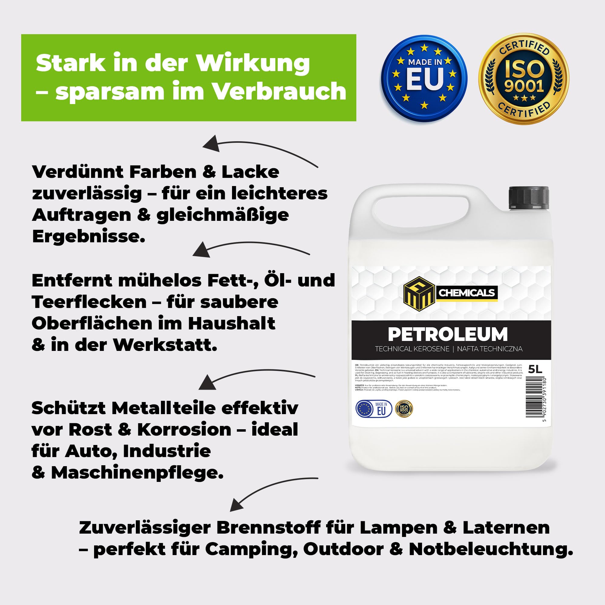 Petroleum 80 x 10L – Hochreiner Brennstoff für Öllampen, Petroleumlampen, Laternen, Fackeln & Camping – Lampenöl gerucharm – Made in EU