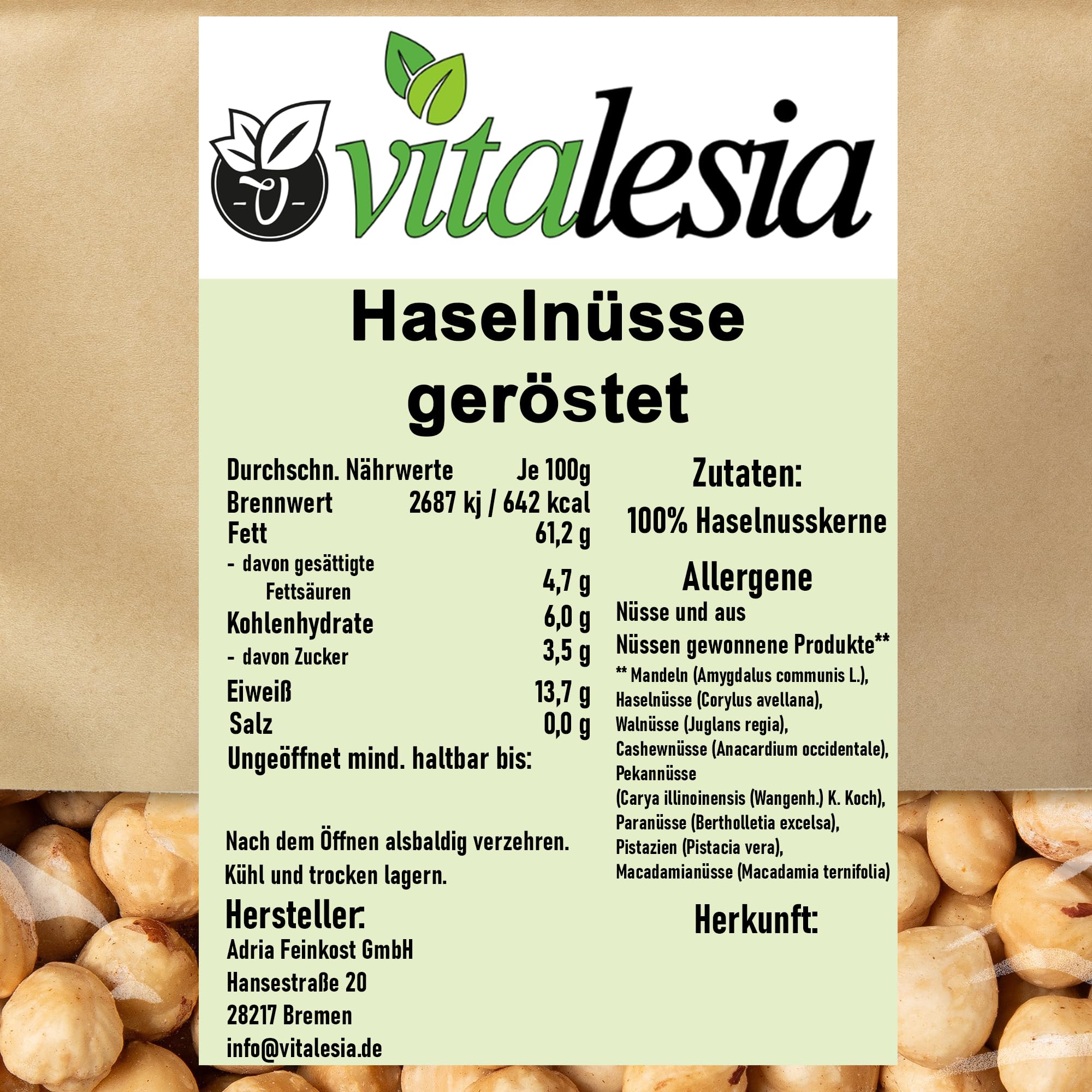 Vitalesia Haselnüsse geröstet 1kg | ganze Haselnüsse ohne Haut | blanchiert & schonend geröstet | Premium Qualität aus der Türkei | ungesalzen & ohne Zusätze | vegan
