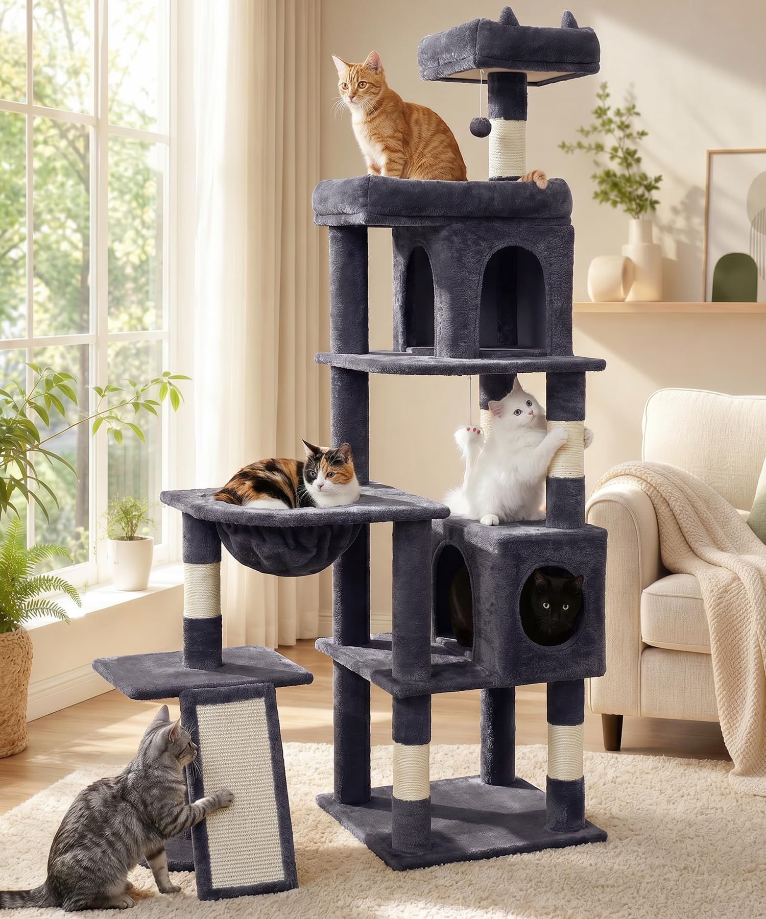 LIKISAK Cat Tree, 173cm Large Cat Tower for Indoor Cats, Multi-level Cat Tree Tower for Big Cats with Sisal Scratching Posts, 2 Cozy Condos, Scratching Ramp, 2 Platforms, Basket, Dark Grey PMT02DG