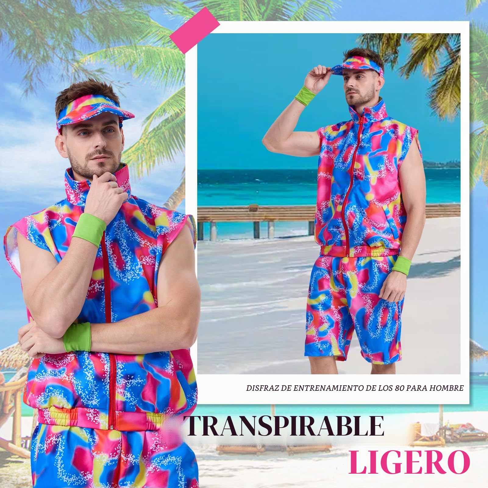 Traje de Los 80 para Fiesta Temática Masculina: Disfraz de Carnaval para Ken - Traje de Neón, Ropa Deportiva para Adultos