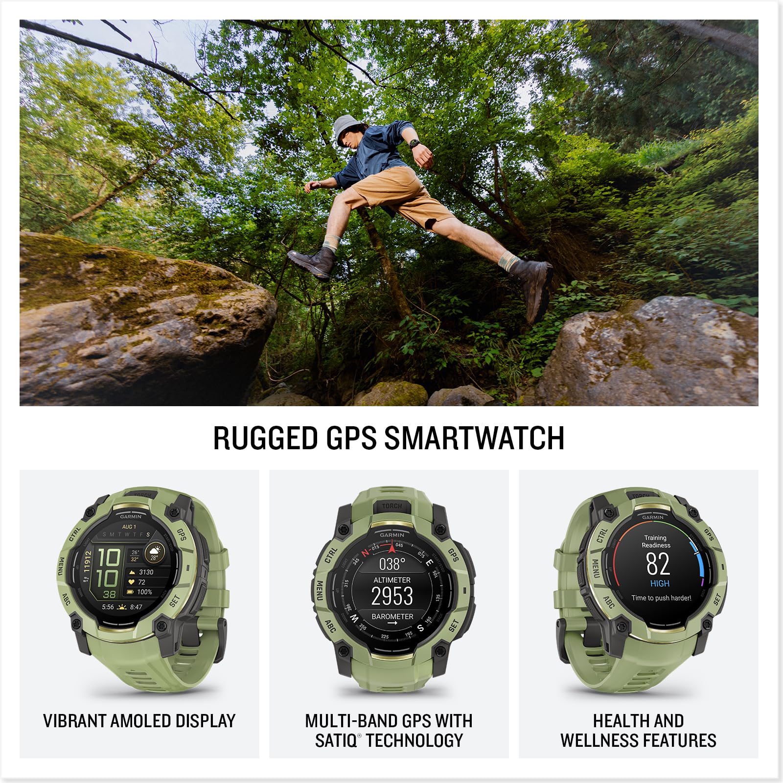 Garmin Instinct 3-50 mm, wytrzymały zewnętrzny smartwatch GPS, bateria 24-dniowa, wyświetlacz AMOLED, wbudowana latarka, kolekcja Alpine Rush, edycja limitowana, kolor zielony paproci z zieloną opaską