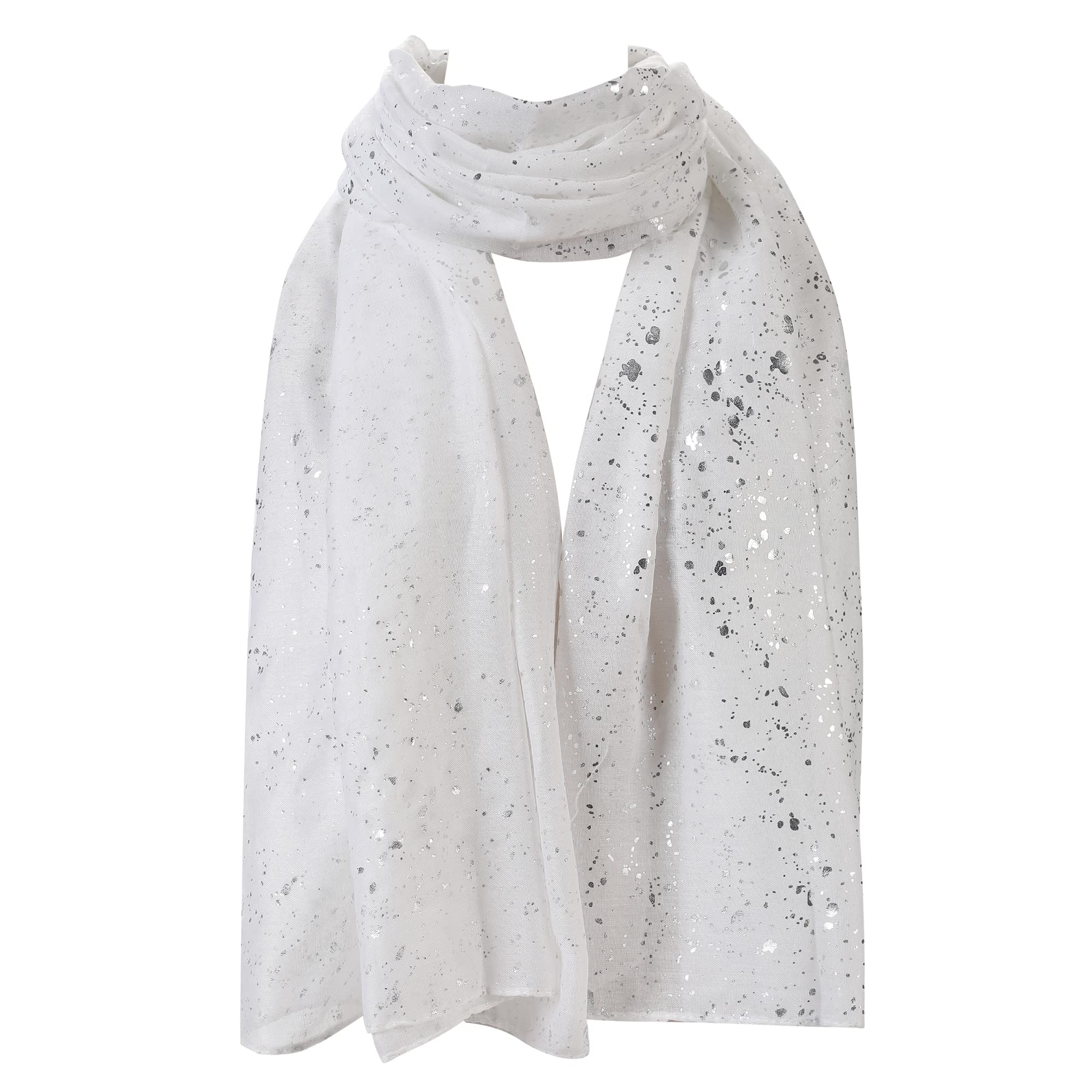 London Scarfs Women's Silver Sparkle White Silver Glitters Shimmer Foil Stars Scarf Shawl Wrap (Silver Sparkle White)