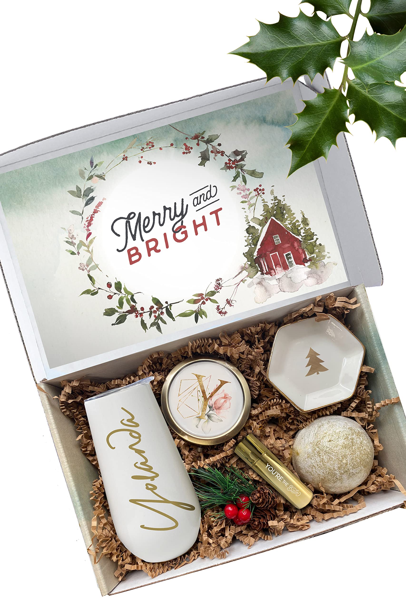 Spa Christmas Gift Set for Her, Personalized Holiday Gift Basket for Women, Coworker Xmas Present for Mom, Sister, Friend, Wife, Aunt, BFF (2 - ADD Bath Bomb, White 6oz Tumbler)